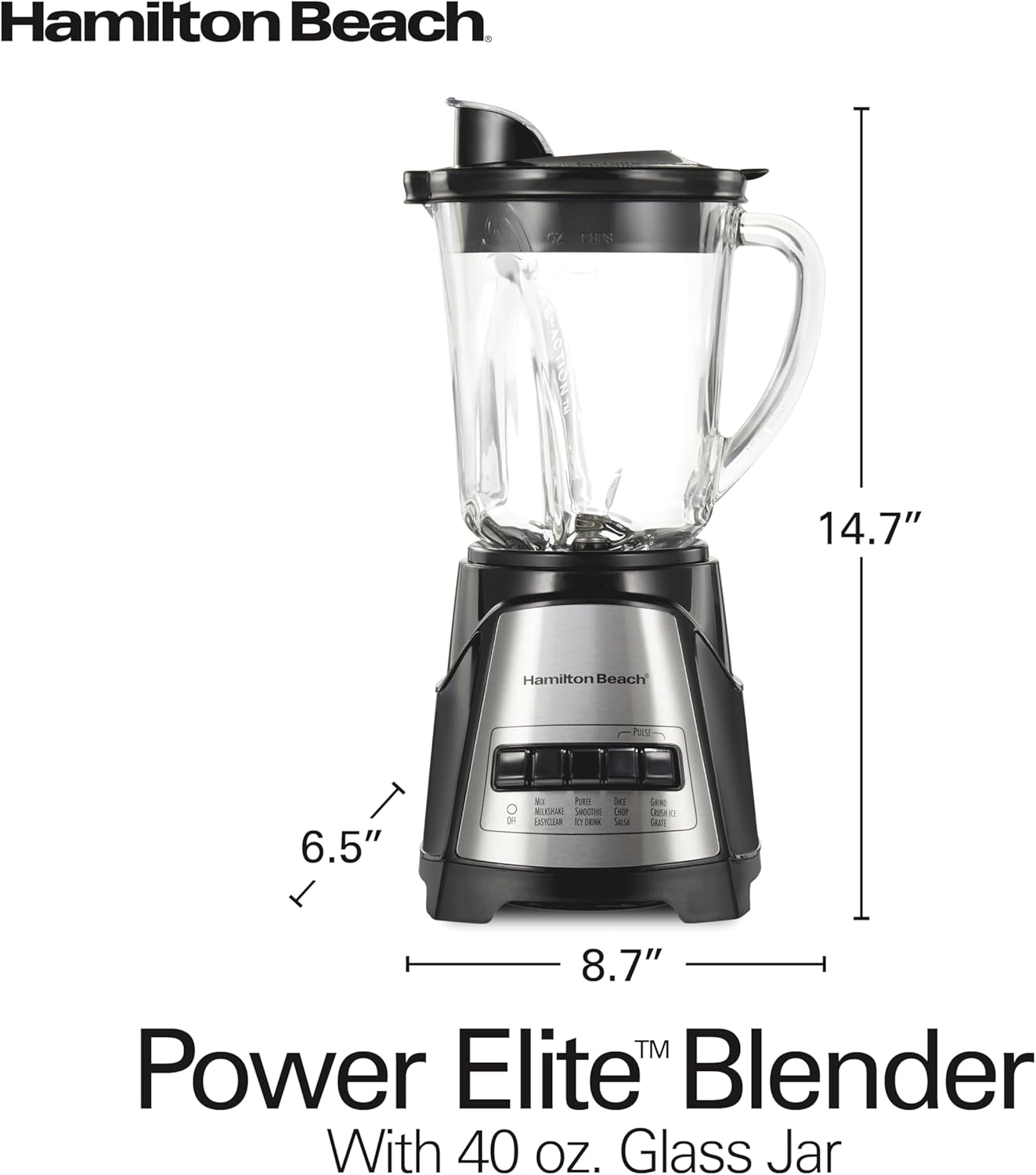Hamilton Beach Power Elite Wave Action Blender For Smoothies, 40 Oz Glass Jar, 12 Functions Including Puree, Crush Ice, Black, 700 Watts, Black (58148A) - Image 8