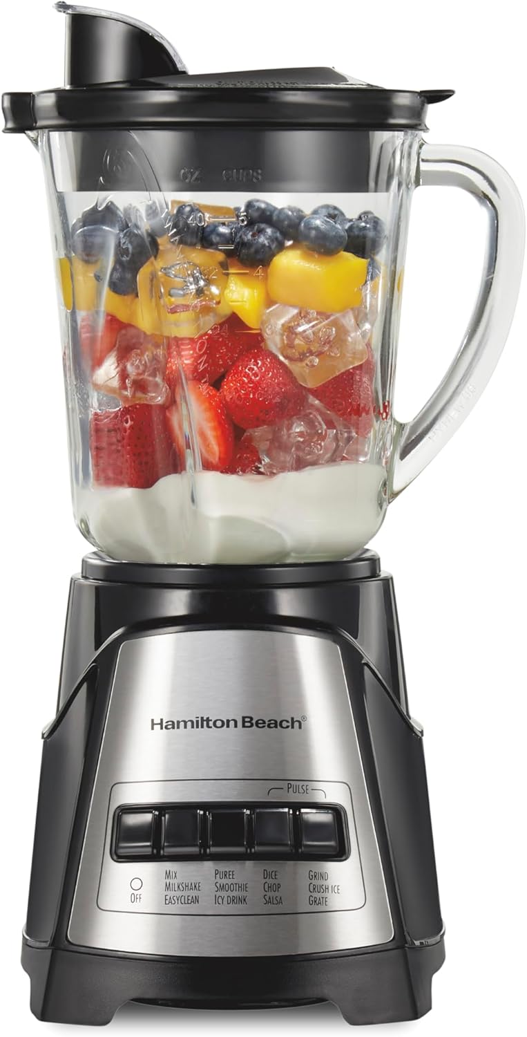 Hamilton Beach Power Elite Wave Action Blender For Smoothies, 40 Oz Glass Jar, 12 Functions Including Puree, Crush Ice, Black, 700 Watts, Black (58148A)