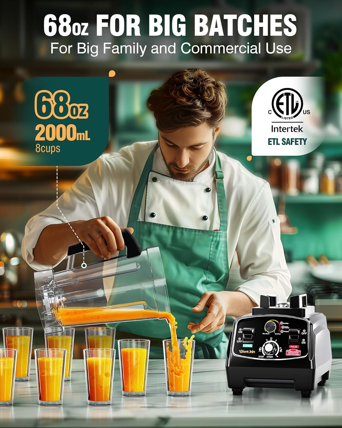 WantJoin Professional Blender, ETL listed 68oz Commercial Blender for kitchen Max 1800W High Power Home and Commercial with Timer, Smoothie Maker 2200ml for Crushing Ice, Frozen Dessert, Soup,fish - Image 3