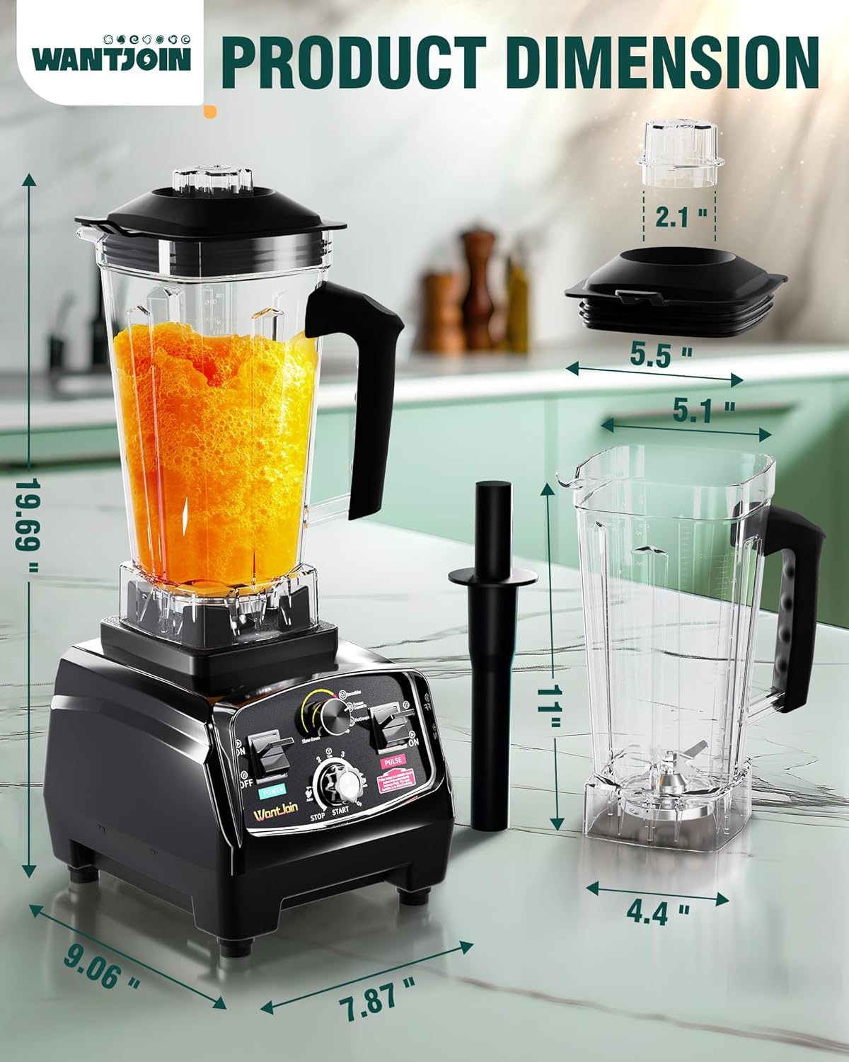 WantJoin Professional Blender, ETL listed 68oz Commercial Blender for kitchen Max 1800W High Power Home and Commercial with Timer, Smoothie Maker 2200ml for Crushing Ice, Frozen Dessert, Soup,fish - Image 7