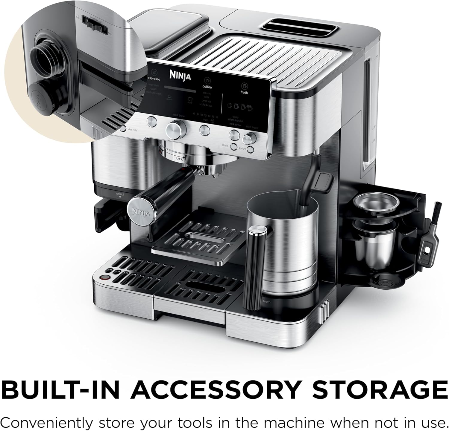 Ninja Luxe Café 3-in-1 Espresso, Drip Coffee and Cold Brew Machine | Intergrated Coffee Grinder, Milk Frother, Assisted Tamper & Built-In Espresso Accessory Storage | Stainless Steel | ES601 - Image 11