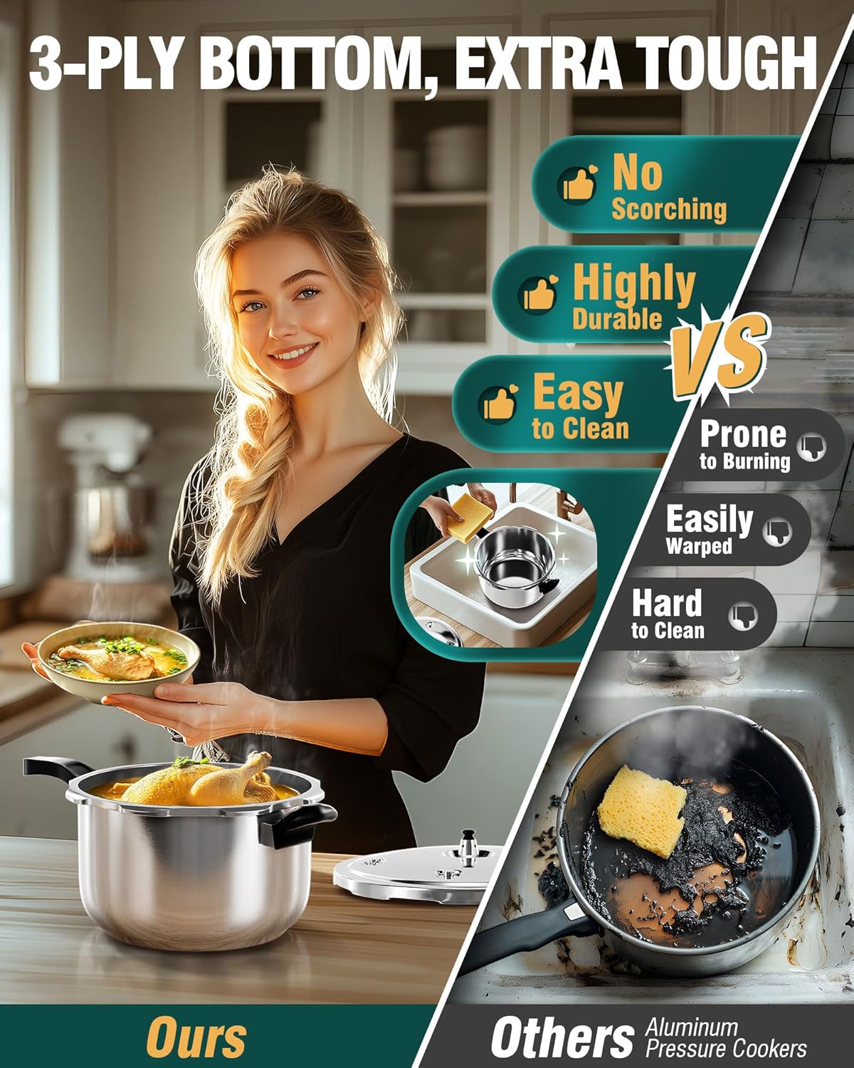 WantJoin Pressure Cooker Stainless Steel 6.5 Qt, Commercial Stove Top Pressure Cooker Pot Used for Pressure Foodie or Steaming, Compatible with Gas & Induction Cooker - Image 4