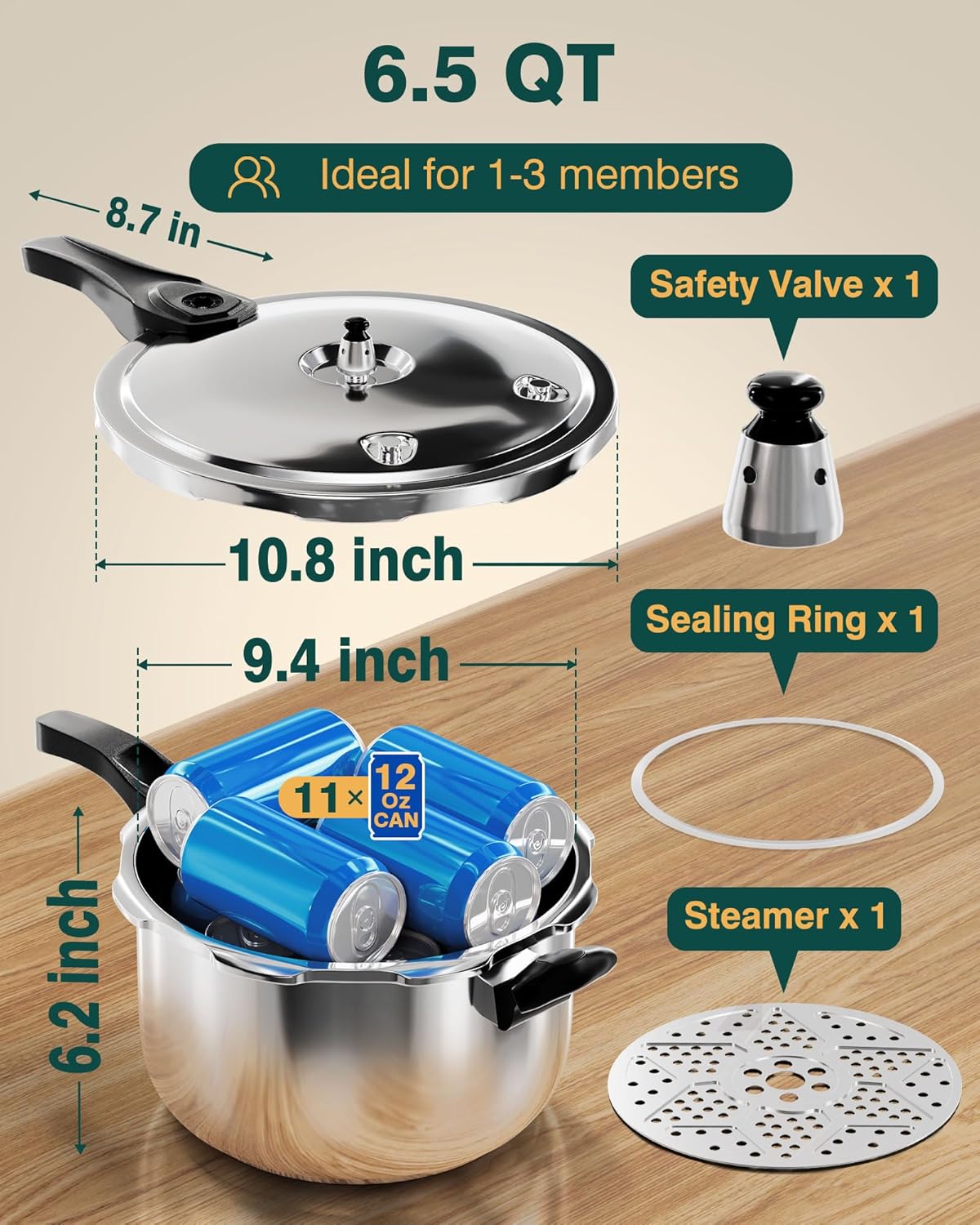 WantJoin Pressure Cooker Stainless Steel 6.5 Qt, Commercial Stove Top Pressure Cooker Pot Used for Pressure Foodie or Steaming, Compatible with Gas & Induction Cooker - Image 6