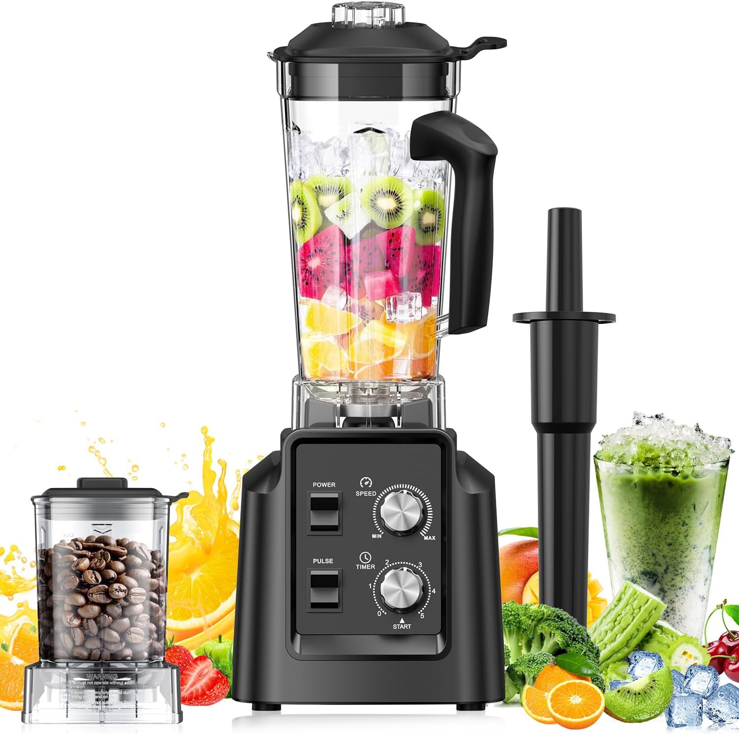 Blender, Blender for Smoothies, Blenders for Kitchen, Professional Countertop Blenders with 68Oz. Pitcher and 20Oz. Grinder, Adjustable Speeds, Timing Control, Black, HS-209D