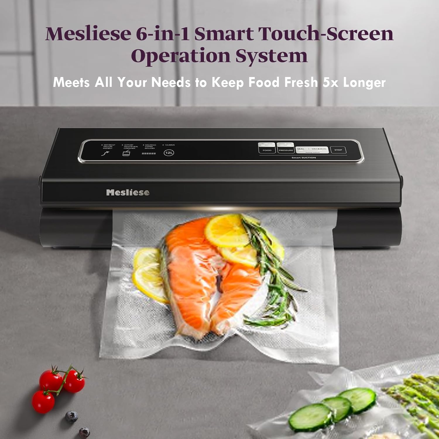 Vacuum Sealer Machine, Mesliese 90Kpa Powerful 6-in-1 Precision Compact Vacuum Food Preservation System with Cutter, 2 Bag Rolls & 5 Pre-cut Bags, Dry&Moist Modes Smart Suction, ETL Listed (Dark Gray) - Image 4