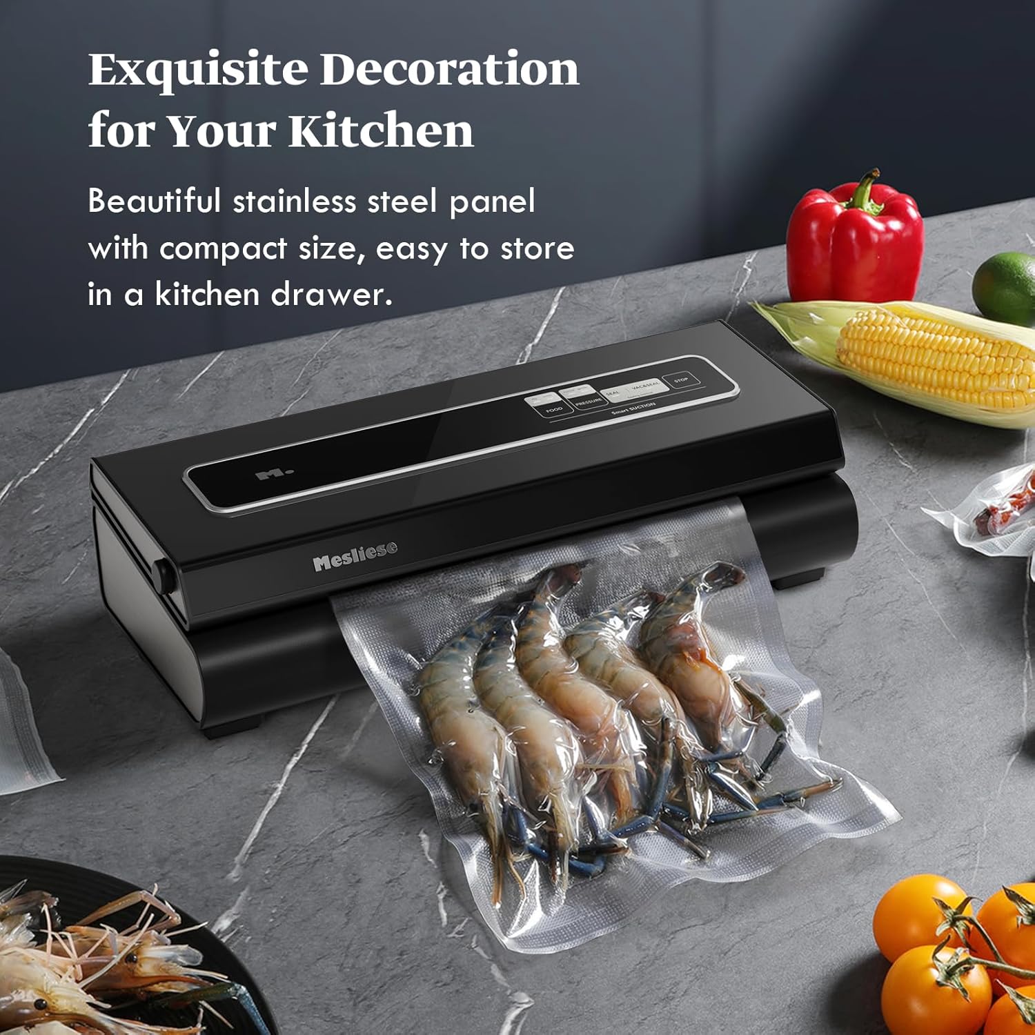Vacuum Sealer Machine, Mesliese 90Kpa Powerful 6-in-1 Precision Compact Vacuum Food Preservation System with Cutter, 2 Bag Rolls & 5 Pre-cut Bags, Dry&Moist Modes Smart Suction, ETL Listed (Dark Gray) - Image 5