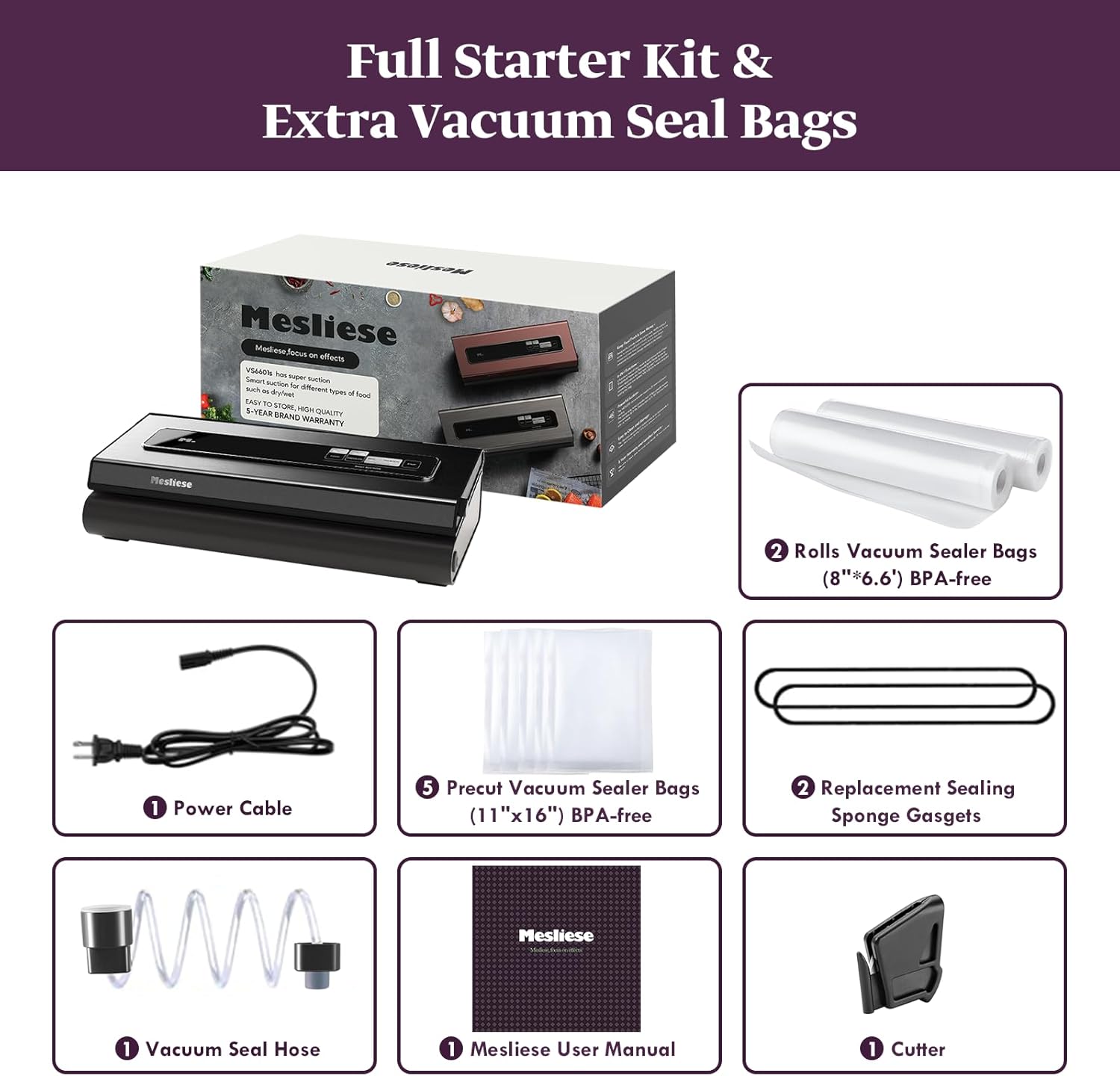 Vacuum Sealer Machine, Mesliese 90Kpa Powerful 6-in-1 Precision Compact Vacuum Food Preservation System with Cutter, 2 Bag Rolls & 5 Pre-cut Bags, Dry&Moist Modes Smart Suction, ETL Listed (Dark Gray) - Image 8