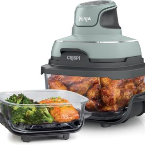 Ninja Crispi Air Fryer, Microwave, Freezer & Dishwasher Safe, Non Toxic Glass Portable Cooking System, 4 QT & 6 Cup Glass Containers with Storage Lids, Easy Meals, Air Fry, Bake, Green, FN101SG