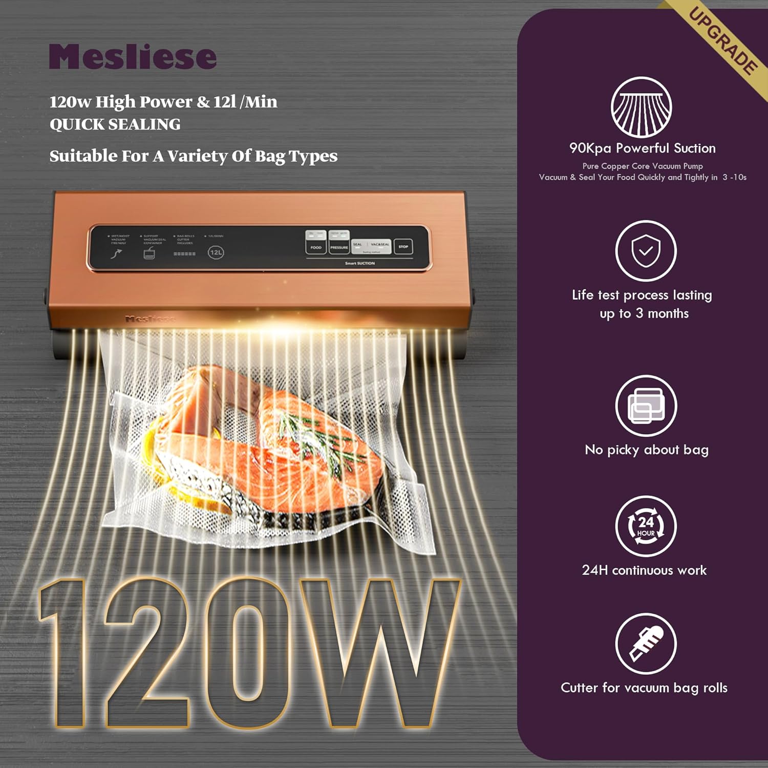 Mesliese Vacuum Sealer Machine Powerful 90Kpa Precision 6-in-1 Compact Vacuum Food Preservation System Built-in Cutter, 2 Bag Rolls & 5 Pre-cut Bags, Dry&Moist Modes Smart Suction, ETL Listed (Copper) - Image 2