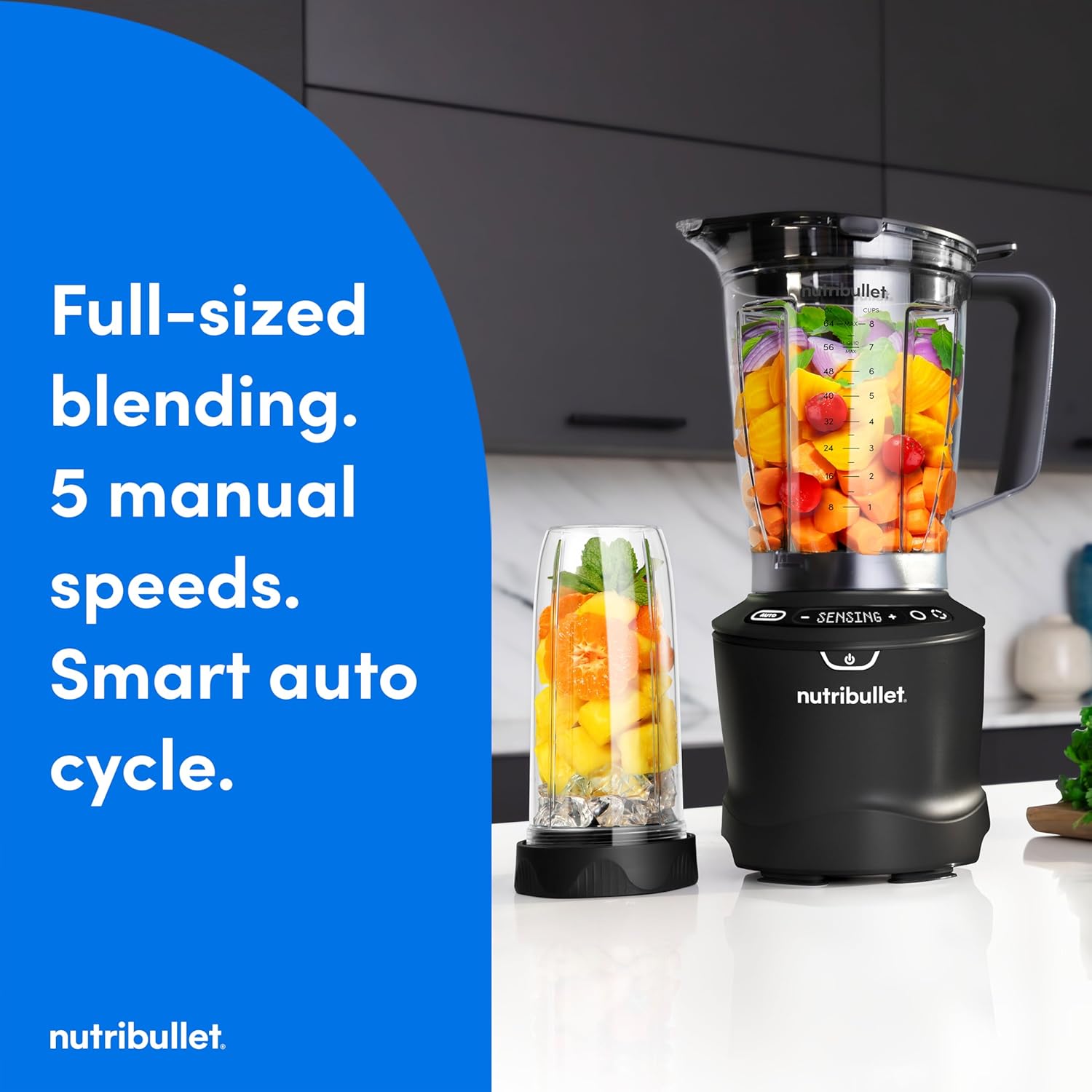 nutribullet® SmartSense Blender Combo, 1400W, 64oz Pitcher, 32oz & 24oz Cups, 5-Speed, Smoothies, Ice and Frozen Fruit, Nut Milk, Soup, Matte Black, NBF50700AK - Image 2