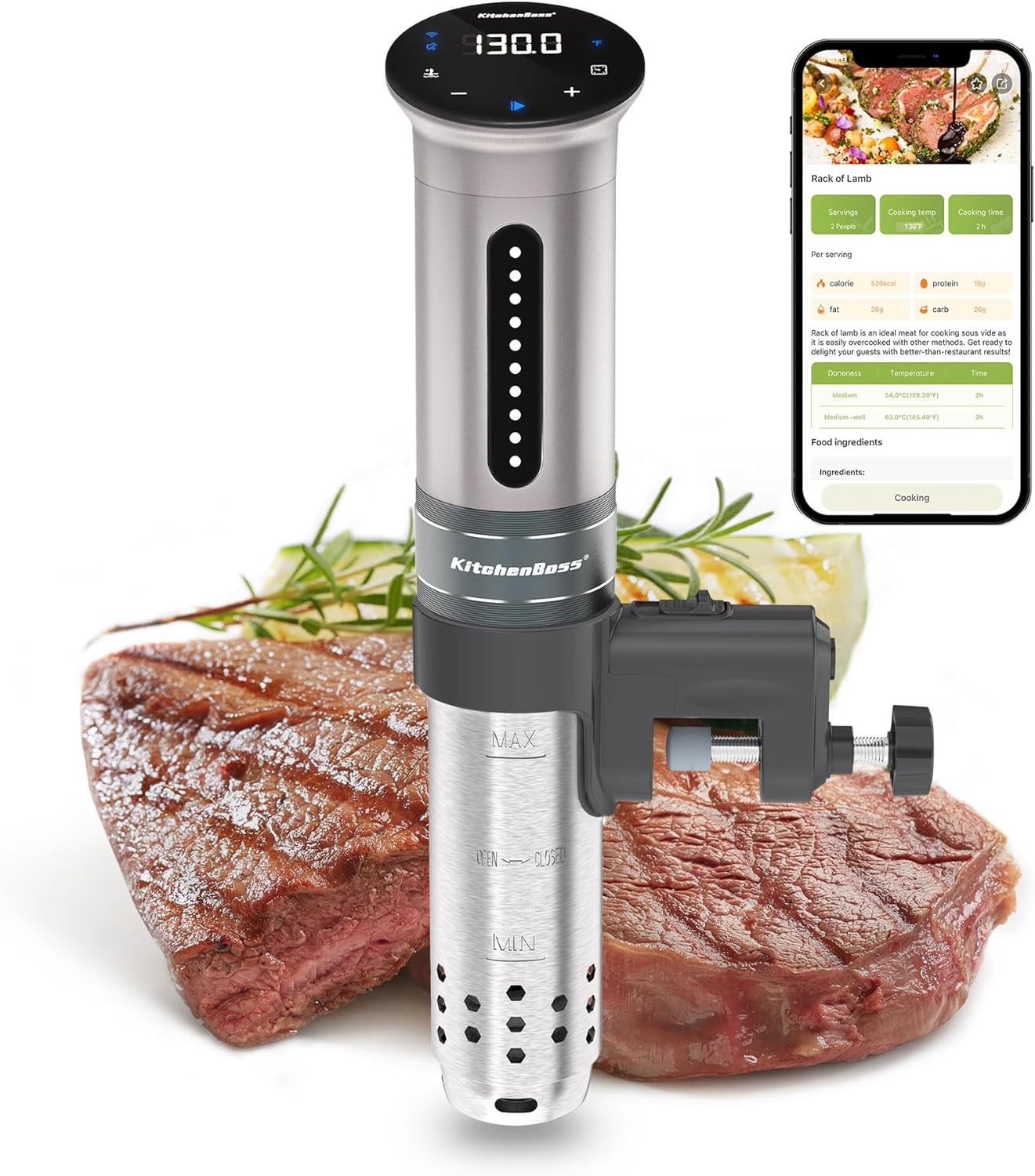 KitchenBoss Wifi Sous Vide Cooker: Ultra-quiet Sous Vide Machine Immersion Circulator APP Control 1100W, IPX7 Waterproof Sous Vide Precision Cooker Accurate Temperature Fast-Heating, Silver