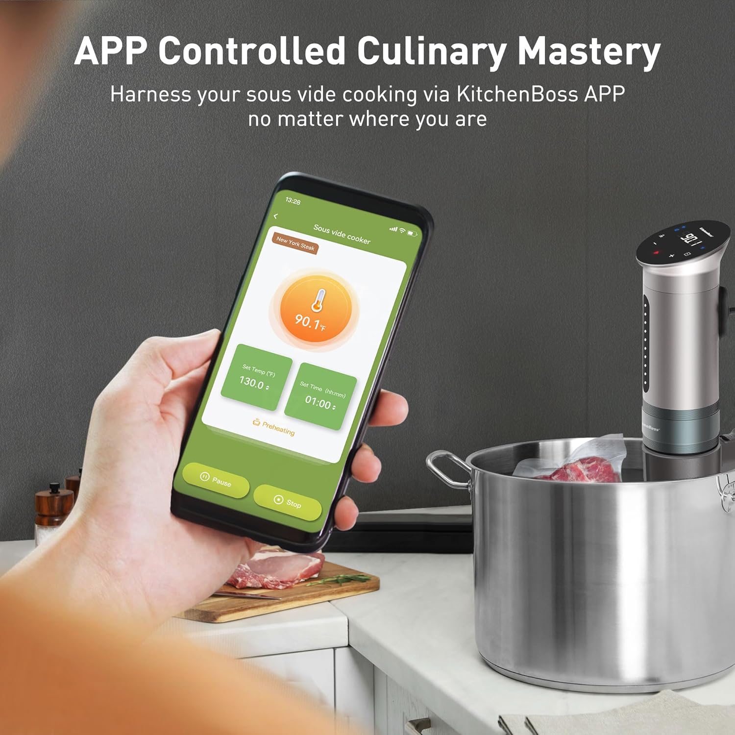 KitchenBoss Wifi Sous Vide Cooker: Ultra-quiet Sous Vide Machine Immersion Circulator APP Control 1100W, IPX7 Waterproof Sous Vide Precision Cooker Accurate Temperature Fast-Heating, Silver - Image 5