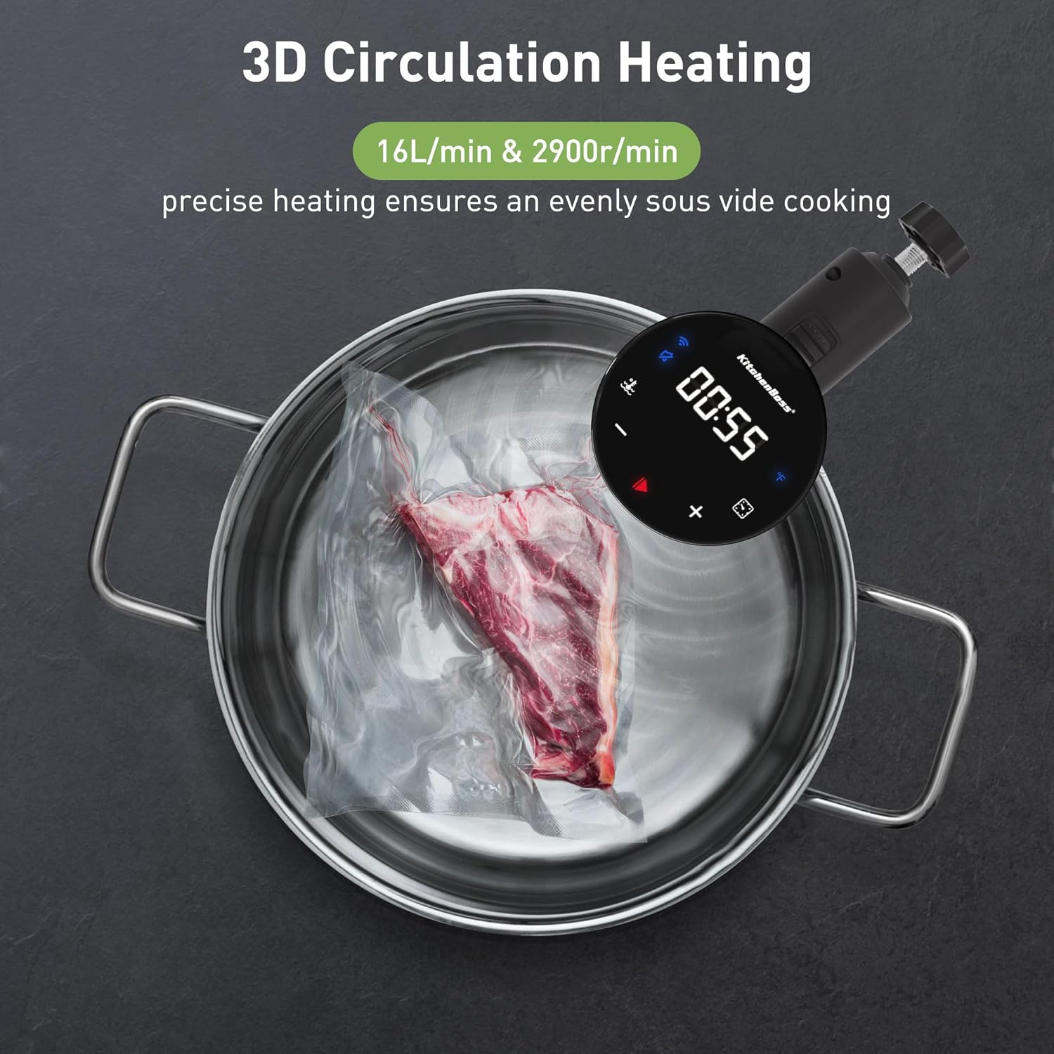 KitchenBoss Wifi Sous Vide Cooker: Ultra-quiet Sous Vide Machine Immersion Circulator APP Control 1100W, IPX7 Waterproof Sous Vide Precision Cooker Accurate Temperature Fast-Heating, Silver - Image 6