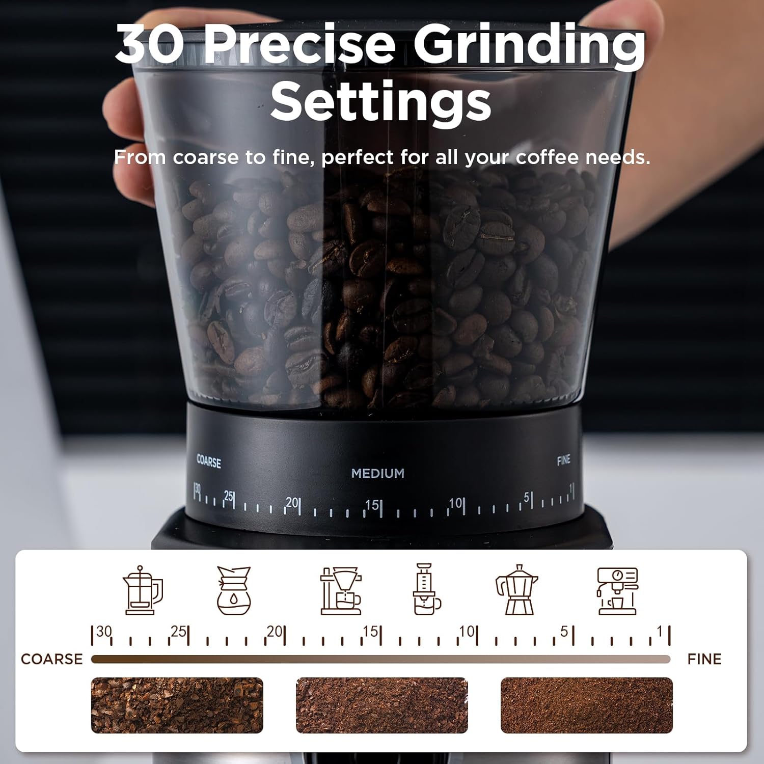 Burr Coffee Grinder, Electric Conical Coffee Bean Grinder With 30 Adjustable Grind Settings For 2-12 Cups, Sliver & Black - Image 6