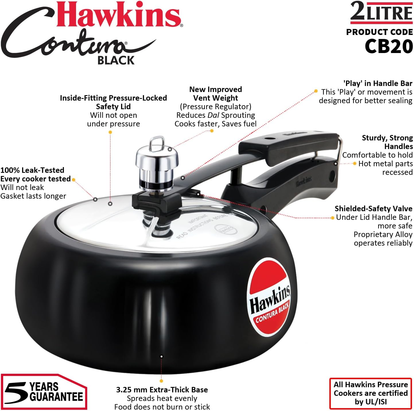 Hawkins 2 Litre Contura Black Pressure Cooker, Hard Anodised Inner Lid Cooker, Handi Cooker, Small Cooker, Black (CB20) - Image 8