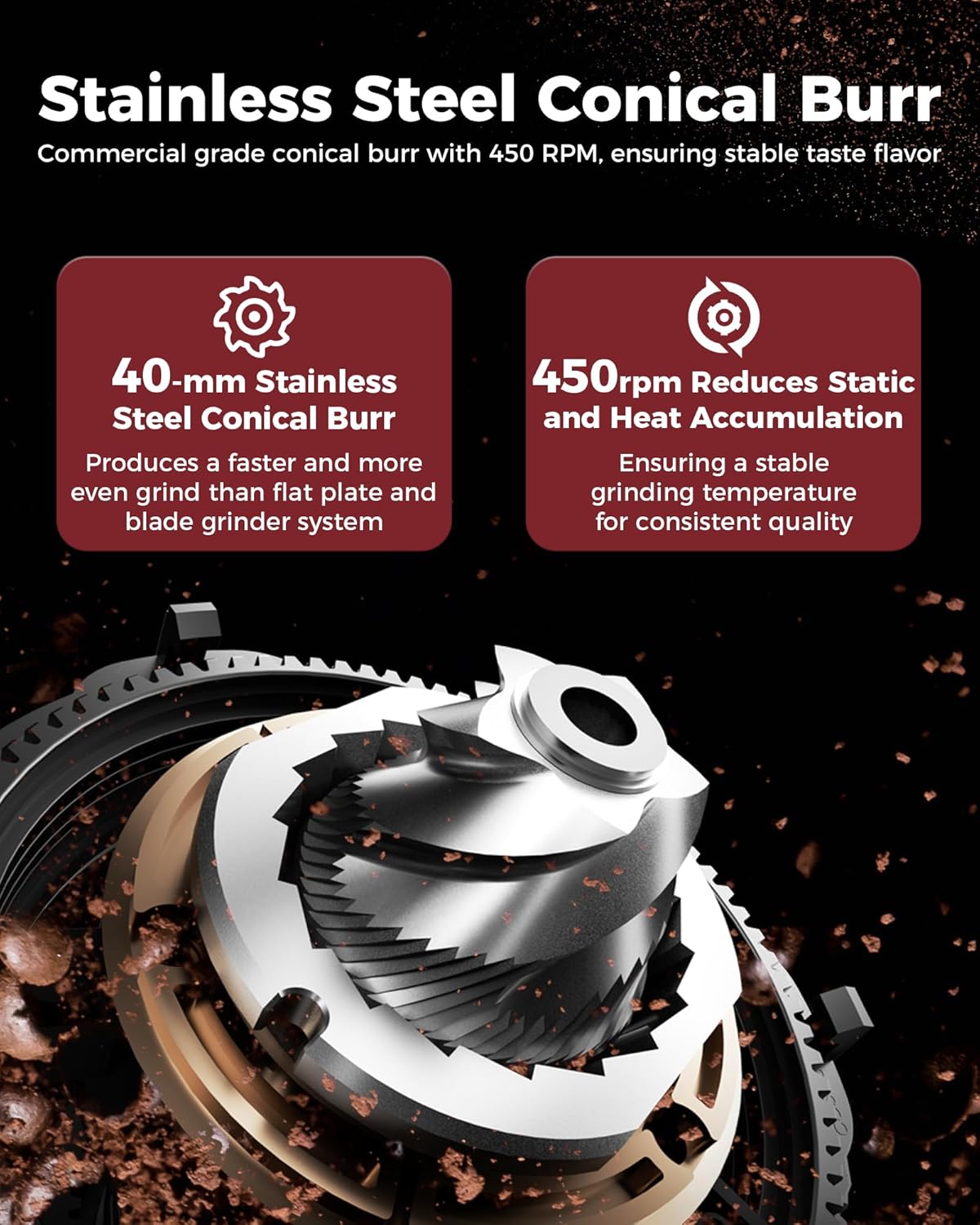 Tuni G1 Conical Burr Coffee Grinder, 48 Grind Settings Anti-static Burr Mill, Precision Electronic Timer and LED Touchscreen for Espresso/Drip/Cold Brew/French Press, Stainless Steel, Ivory - Image 4