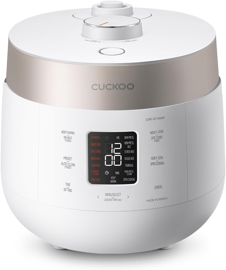 CUCKOO Twin Pressure Rice Cooker 10-Cup Uncooked / 20-Cup Cooked with Nonstick Inner Pot, Large Rice Maker & Warmer with 16 Menu Options, Open Cooking Mode, Voice Guide, White (CRP-ST1009FW)