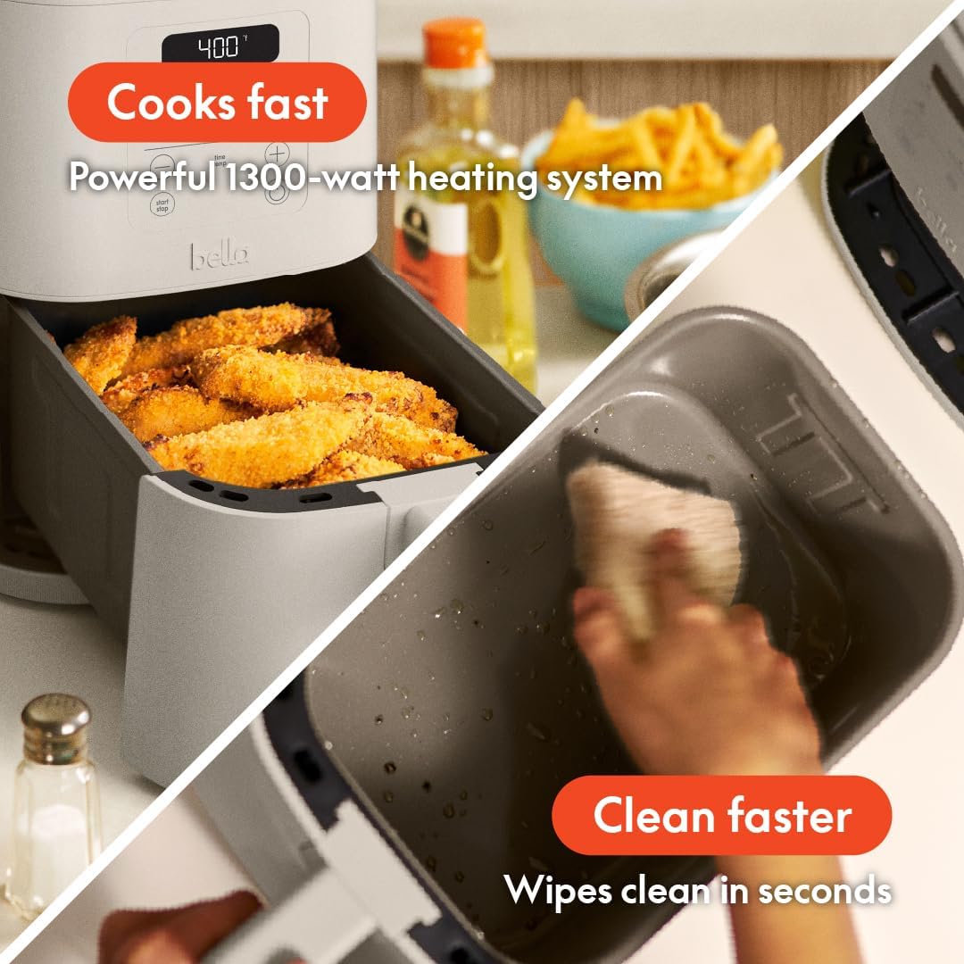 bella 4Qt Slim Air Fryer, Fits-anywhere™ Kitchenware, EverGood™ Ceramic Nonstick Coating, Adjustable Temperature, 6 Preset Cooking Options, 60 Min Auto Shutoff w Audible Tone, 3.3lb Capacity, Oatmilk - Image 4