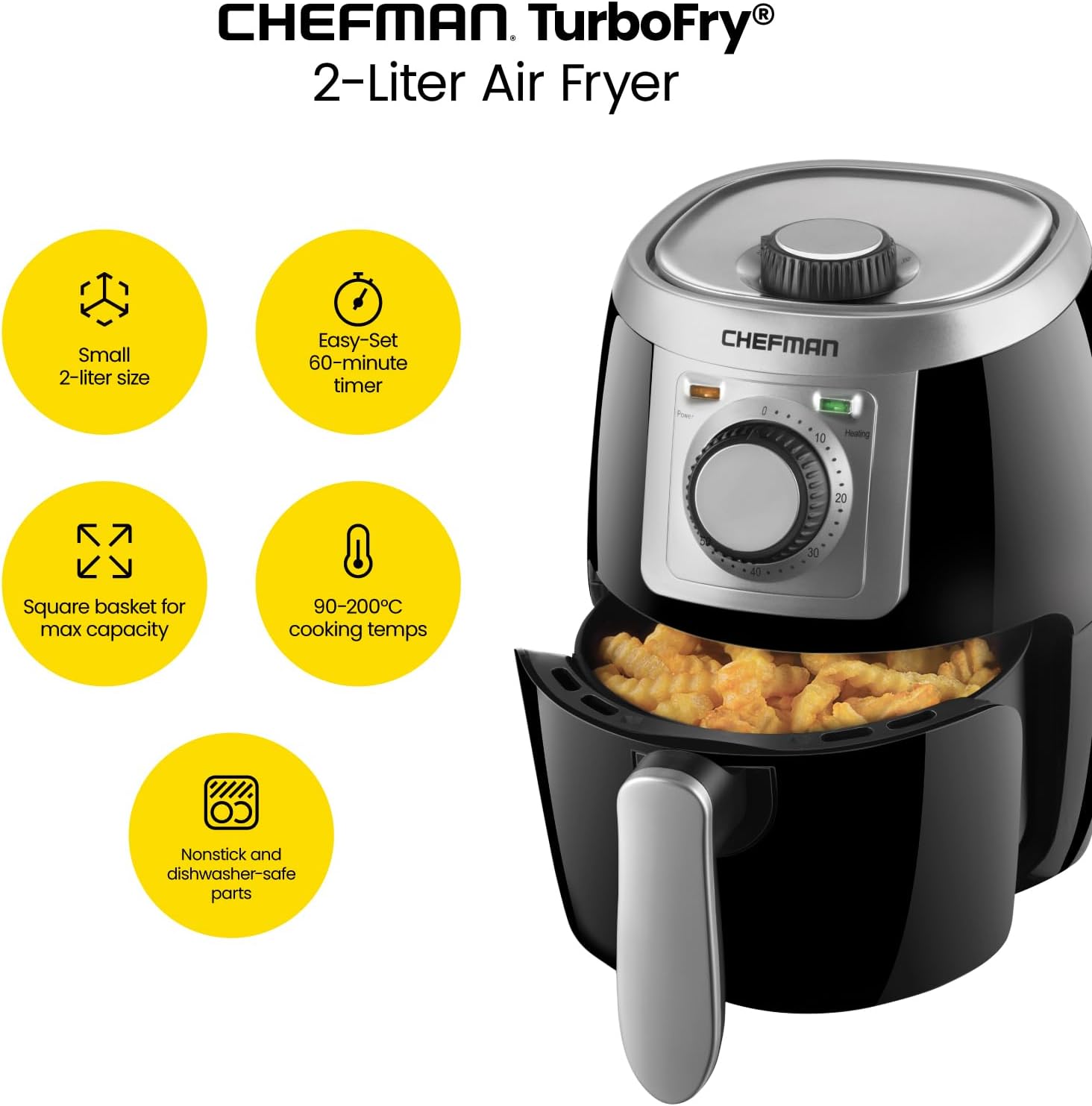 CHEFMAN Small, Compact Air Fryer Healthy Cooking, 2 Qt, Nonstick, User Friendly and Adjustable Temperature Control w/ 60 Minute Timer & Auto Shutoff, Dishwasher Safe Basket, BPA - Free, Black - Image 2
