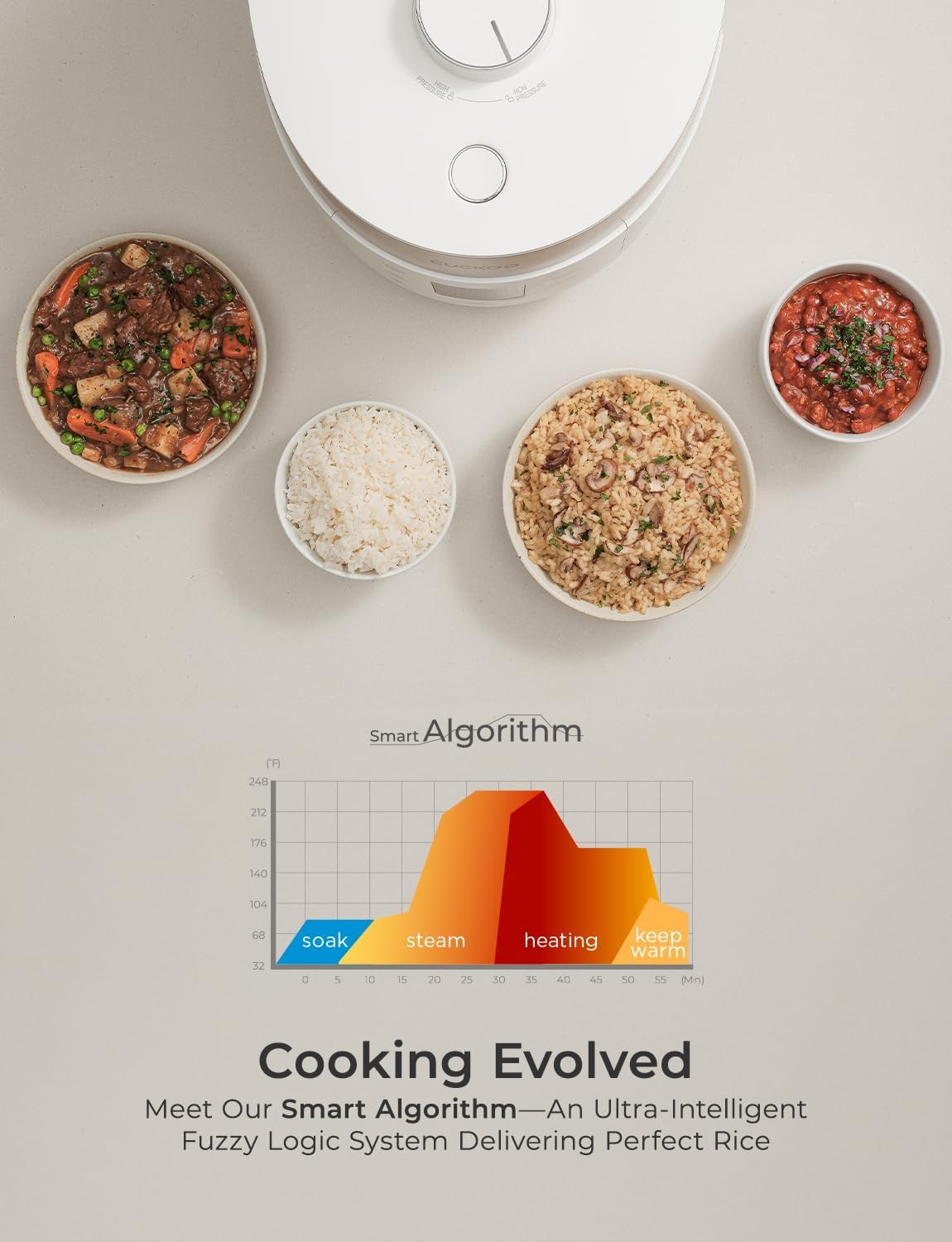 CUCKOO Twin Pressure Rice Cooker 10-Cup Uncooked / 20-Cup Cooked with Nonstick Inner Pot, Large Rice Maker & Warmer with 16 Menu Options, Open Cooking Mode, Voice Guide, White (CRP-ST1009FW) - Image 3