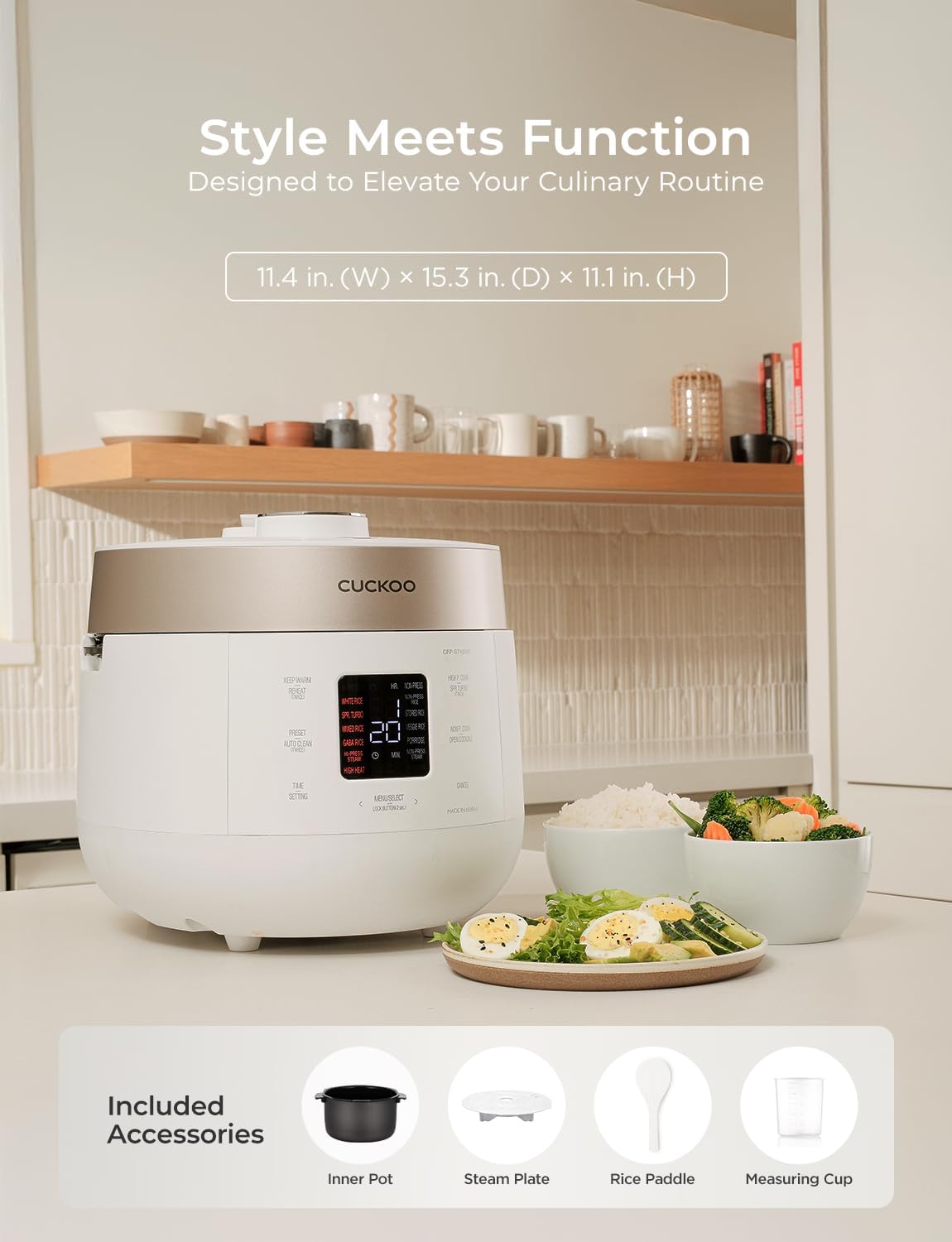 CUCKOO Twin Pressure Rice Cooker 10-Cup Uncooked / 20-Cup Cooked with Nonstick Inner Pot, Large Rice Maker & Warmer with 16 Menu Options, Open Cooking Mode, Voice Guide, White (CRP-ST1009FW) - Image 8