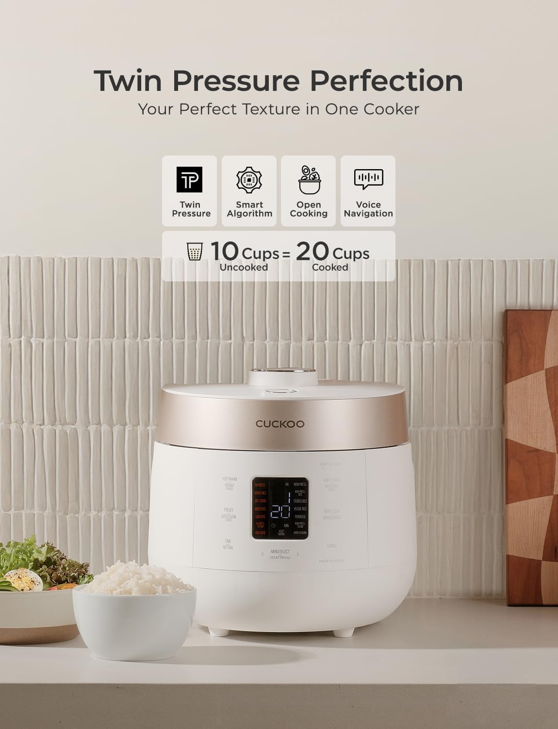 CUCKOO Twin Pressure Rice Cooker 10-Cup Uncooked / 20-Cup Cooked with Nonstick Inner Pot, Large Rice Maker & Warmer with 16 Menu Options, Open Cooking Mode, Voice Guide, White (CRP-ST1009FW) - Image 2