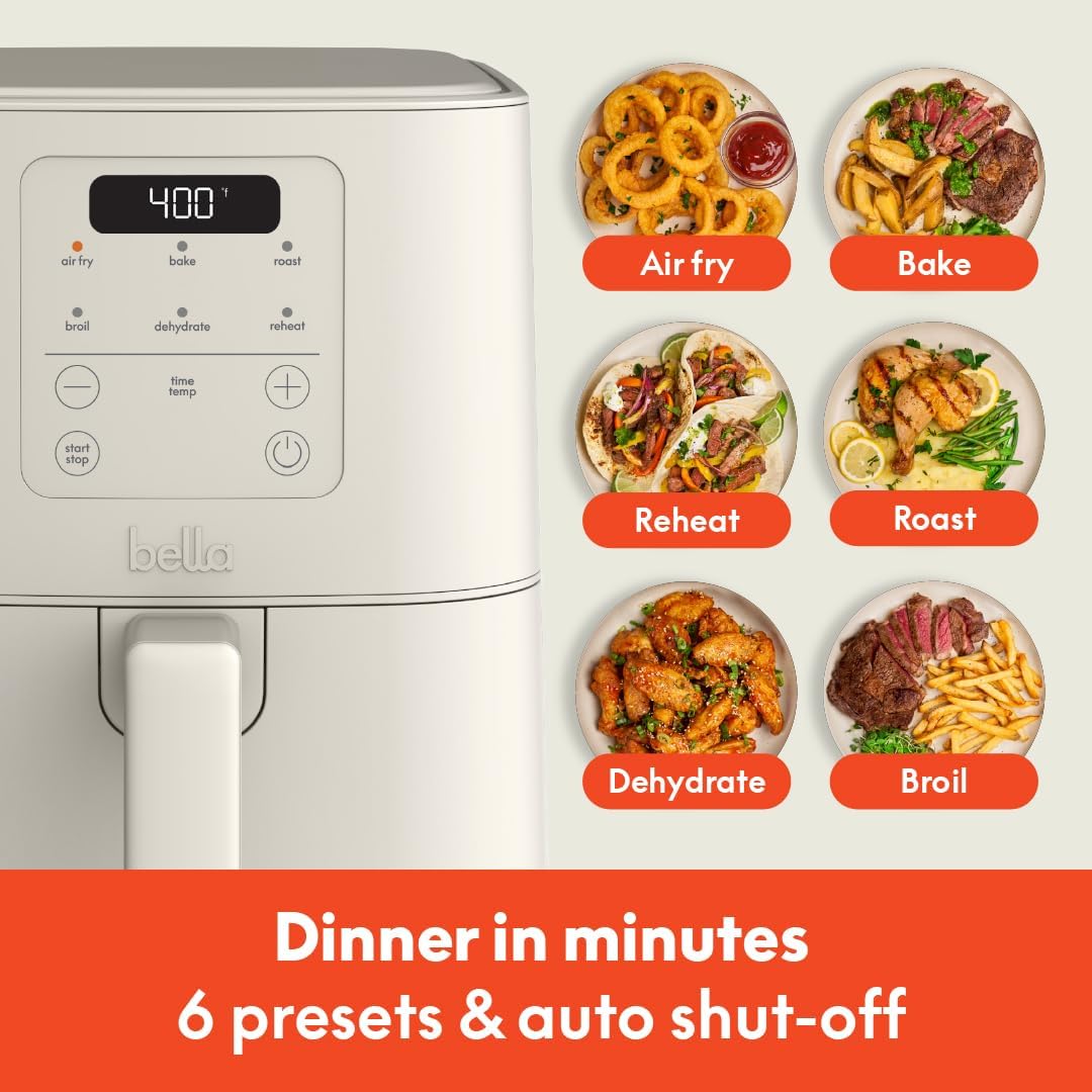 bella 4Qt Slim Air Fryer, Fits-anywhere™ Kitchenware, EverGood™ Ceramic Nonstick Coating, Adjustable Temperature, 6 Preset Cooking Options, 60 Min Auto Shutoff w Audible Tone, 3.3lb Capacity, Oatmilk - Image 5
