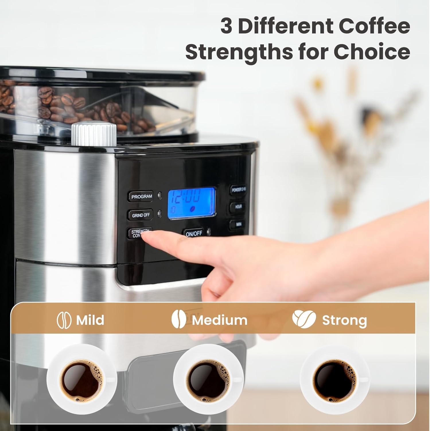 Gevi 10-Cup Drip Coffee Maker with Built-in Grinder, Programmable Brew Coffee Machine with Timer, Reusable Filter, 1.5L Water Tank, Coffee Pot, Warming Plate Burr Grinder Combo - Image 4