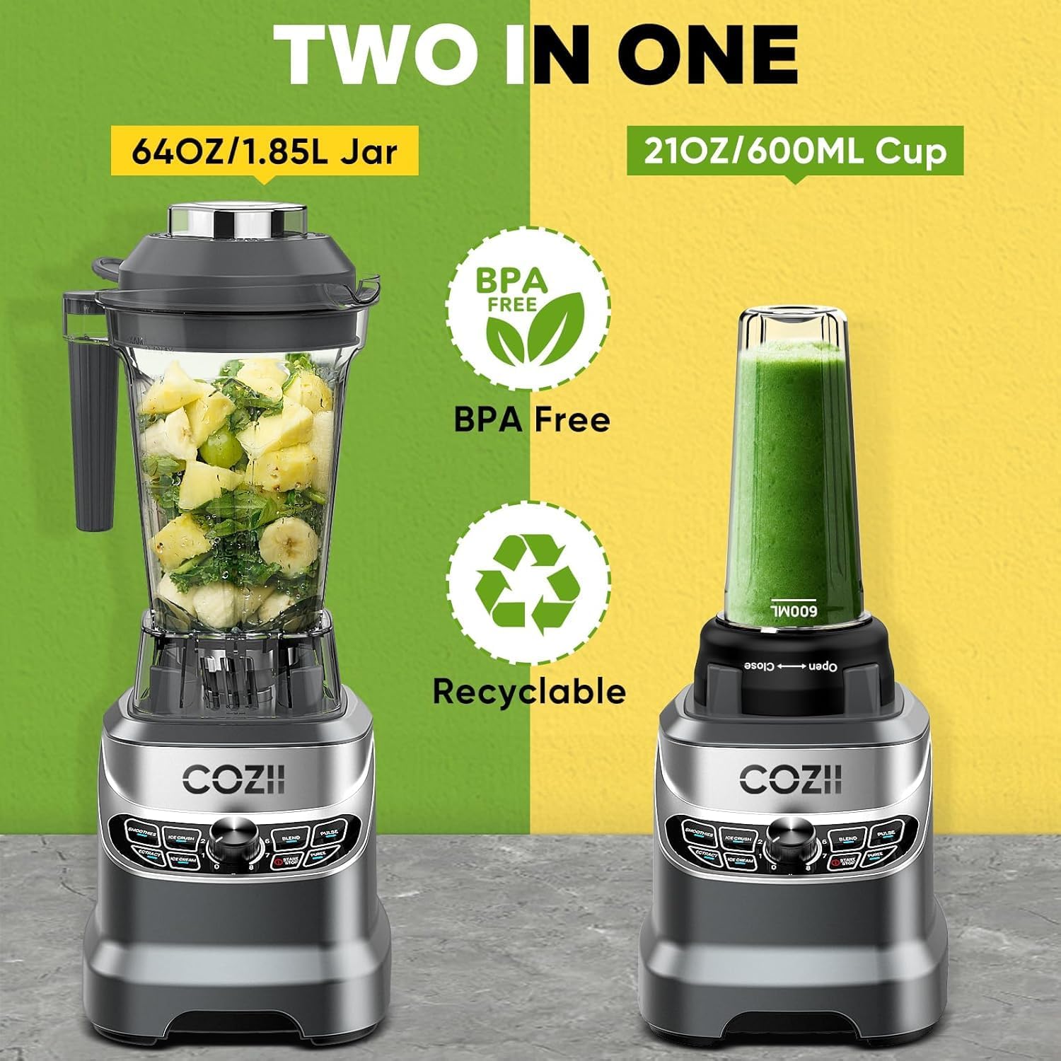 COZII Professional Blender 2000W, Smoothie Countertop Blenders for Kitchen, 64 Oz Pitcher/21-Oz To-go Cup, 7 Preset Programs for Ice Crush/Frozen Drinks/Dips/Nut Butter, High Speed, Dishwasher Safe - Image 2