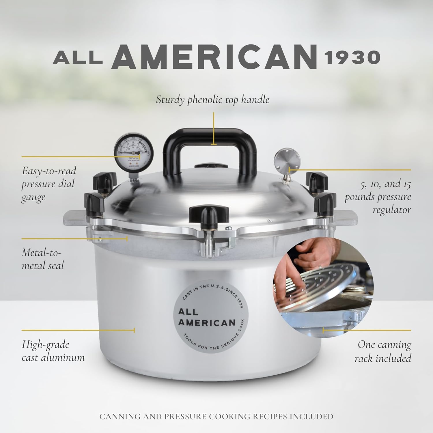 All American 1930: 15.5qt Pressure Cooker/Canner (The 915) - Exclusive Metal-to-Metal Sealing System - Easy to Open & Close - Suitable for Gas, Electric, or Flat Top Stoves - Made in the USA - Image 2