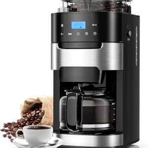 10-Cup Drip Coffee Maker with Built-in Grinder,Programmable Grind & Brew, Coffee Machines with Smart LED Touchscreen, 24H Timer, Customizable Strength & Grind Size,Black