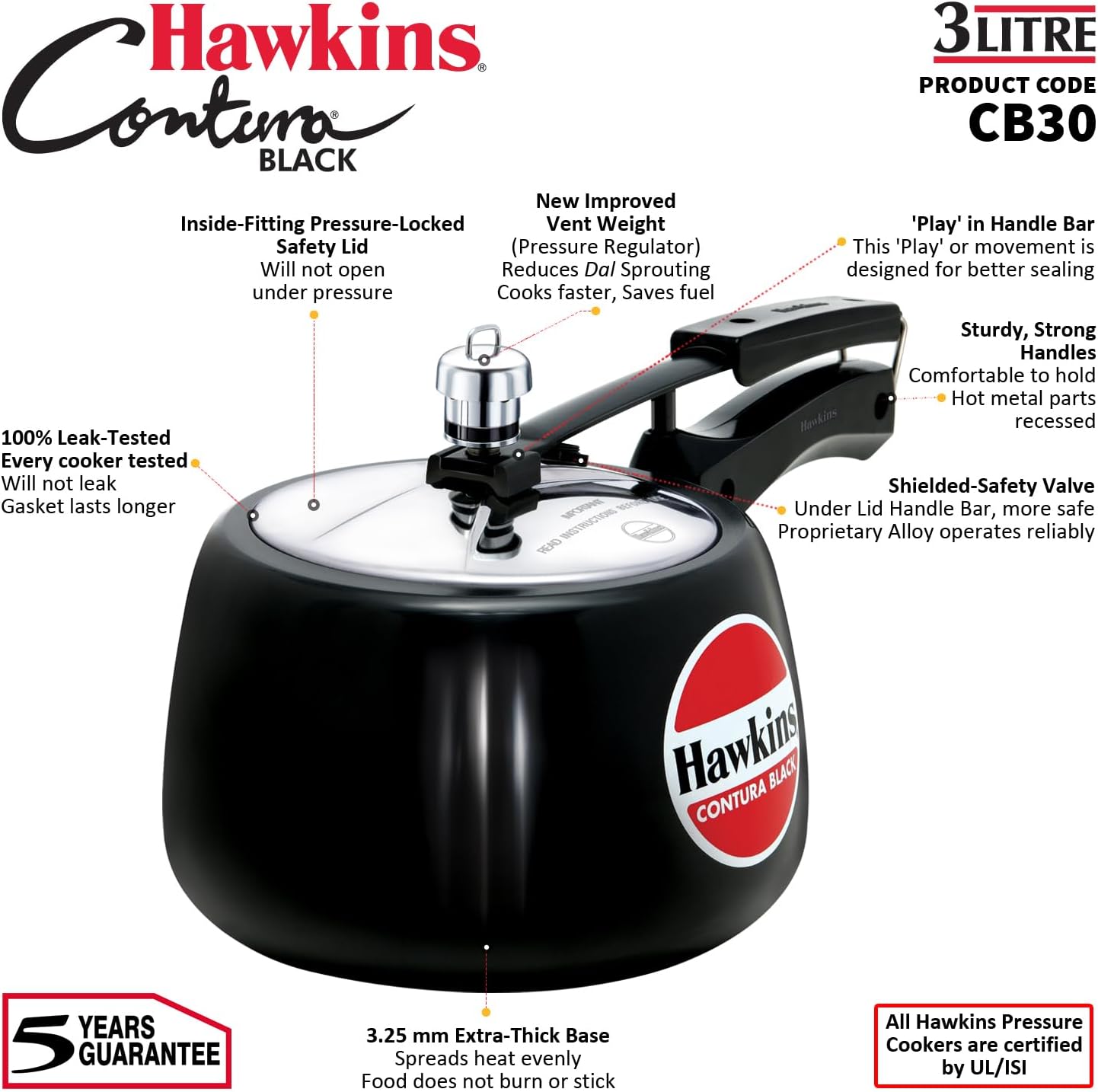Hawkins 3 Litre Contura Black Pressure Cooker, Hard Anodised Inner Lid Cooker, Handi Cooker, Black (CB30) - Image 8