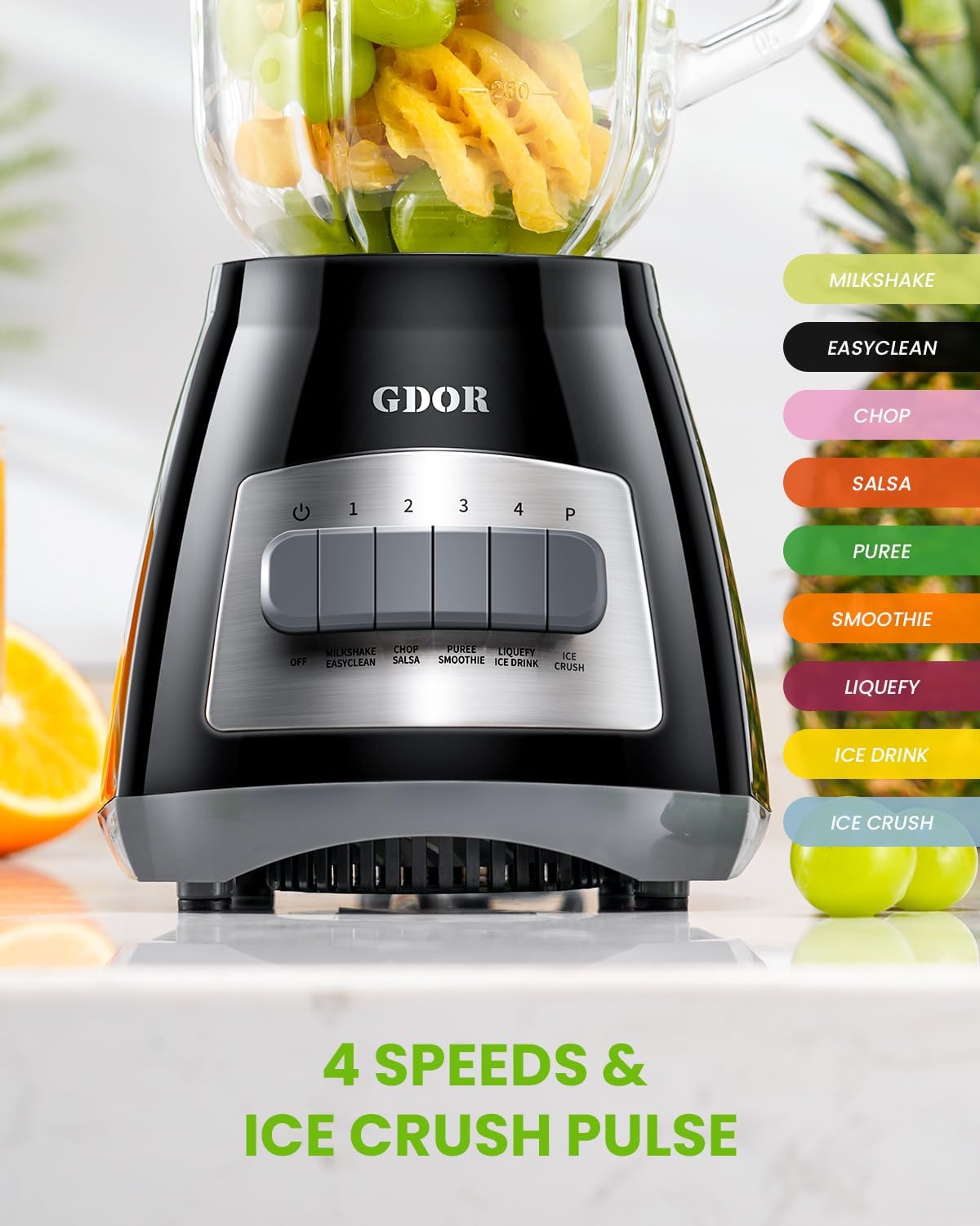 GDOR Blender, 52 Oz Glass Jar, Multi-Function Kitchen Blender & Grinder Combo, 9 Functions with Shakes, Puree, Crush Ice, and Chop, Max 700W, Self Cleaning - Image 4