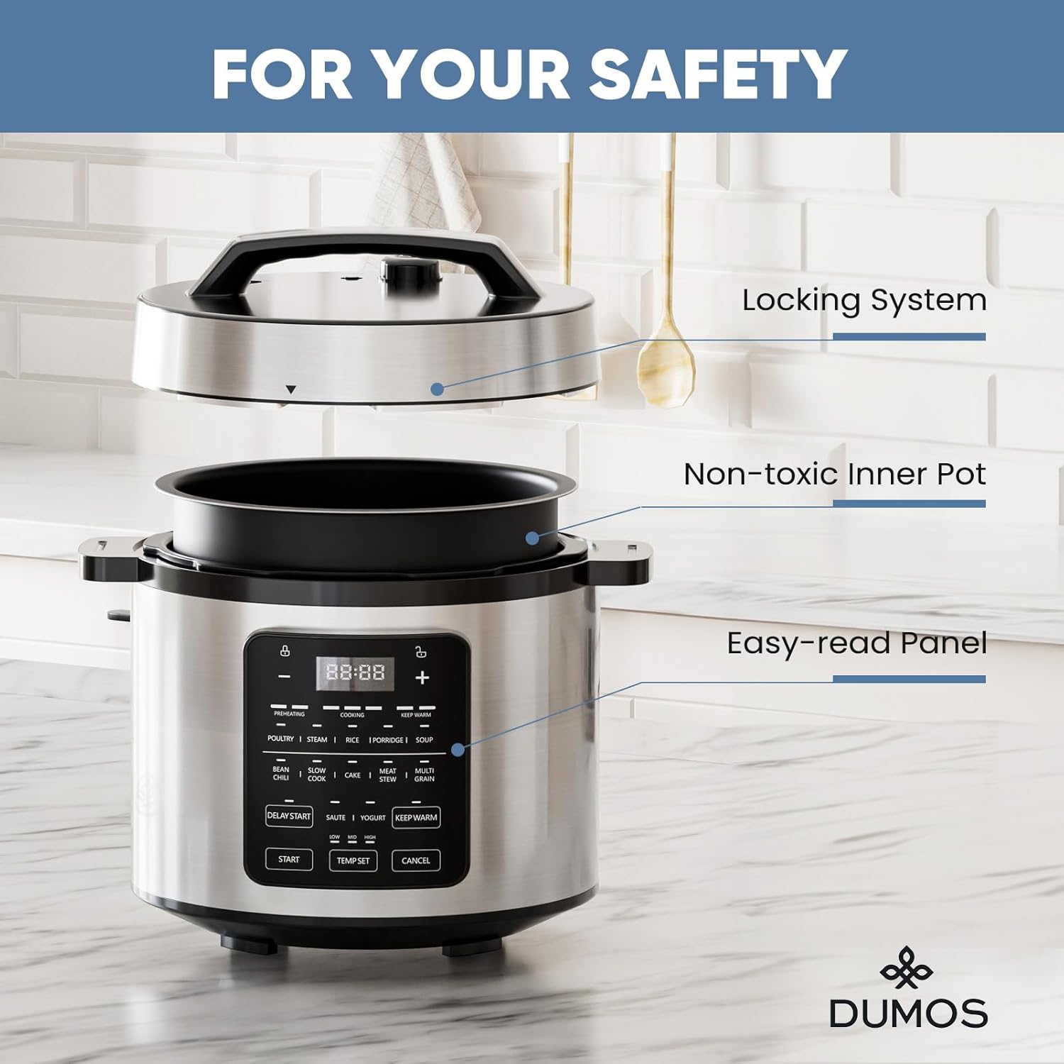DUMOS 12-in-1 Electric Pressure Cooker 6 QT Stainless Steel Multi Cooker Electric for Pressure, Rice, Steamer, Yogurt Maker, Slow Cook,Meat Stew, Cake, Porridge, Multigrain, Sliver - Image 5