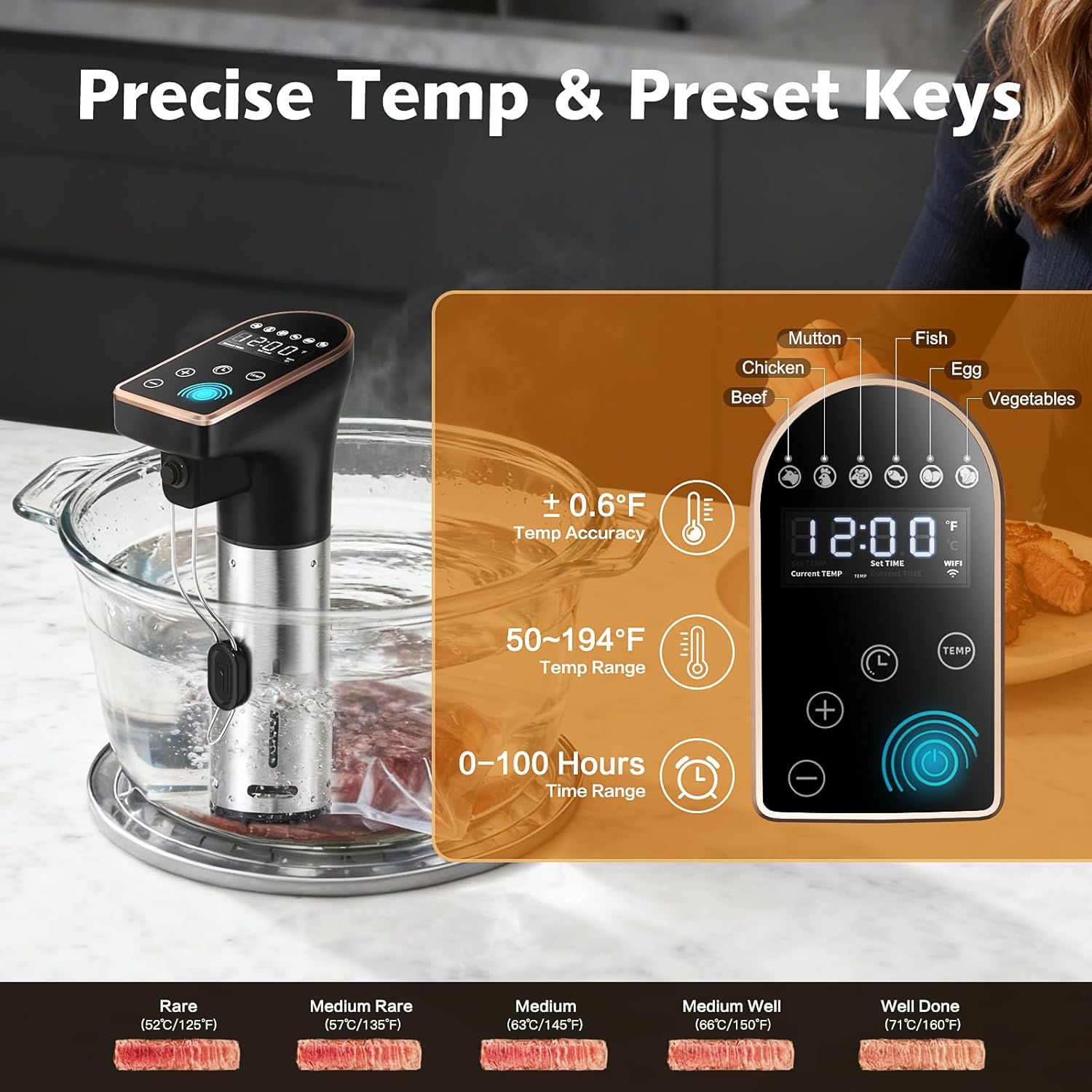 1300W Sous Vide Precision Cooker Machines(2.4G WIFI), IPX7 Full Waterproof Immersion Circulator, New Quiet Brushless Motor, 6 One-Touch Presets, Effortless Gourmet Meals - Image 5