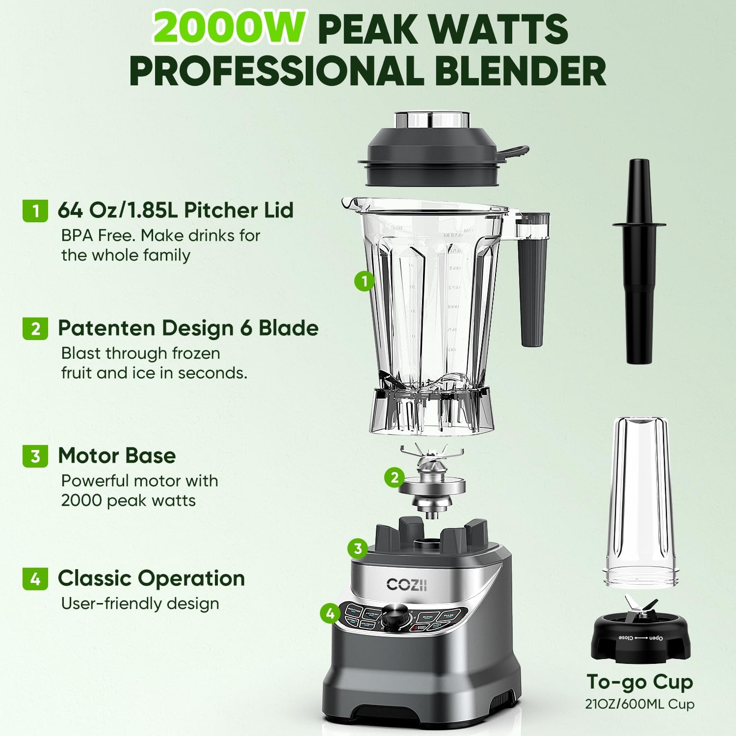 COZII Professional Blender 2000W, Smoothie Countertop Blenders for Kitchen, 64 Oz Pitcher/21-Oz To-go Cup, 7 Preset Programs for Ice Crush/Frozen Drinks/Dips/Nut Butter, High Speed, Dishwasher Safe - Image 5