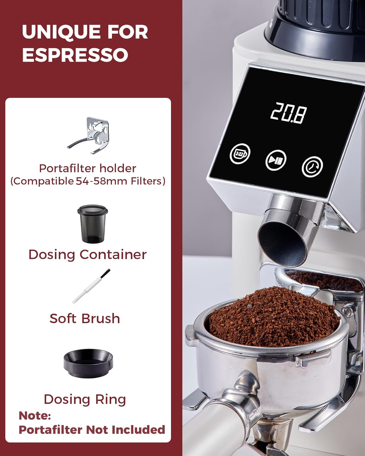 Tuni G1 Conical Burr Coffee Grinder, 48 Grind Settings Anti-static Burr Mill, Precision Electronic Timer and LED Touchscreen for Espresso/Drip/Cold Brew/French Press, Stainless Steel, Ivory - Image 6