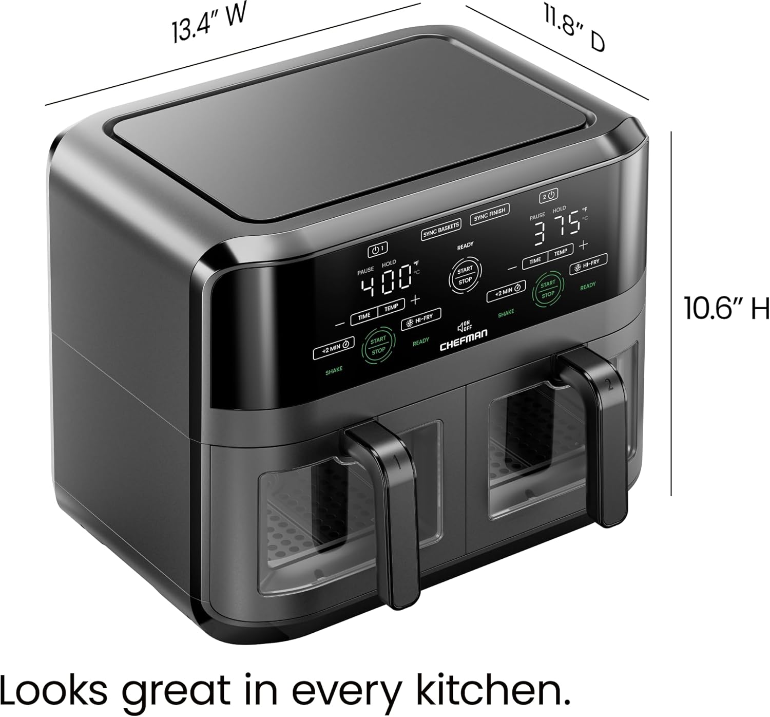 CHEFMAN 6 Quart Dual Basket Air Fryer Oven with Easy View Windows, Sync Finish, Hi-Fry, Auto Shutoff, 2 Independent 3Qt Nonstick Dishwasher Safe Frying Baskets, Digital Double Air Fryer - Black - Image 7