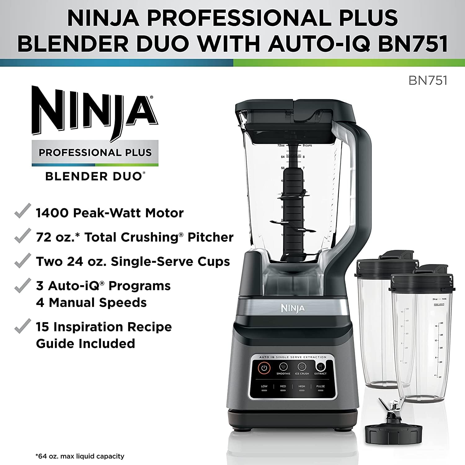 Ninja BN751 Professional Plus DUO Blender, 1400 Peak Watts, 3 Auto-IQ Programs for Smoothies, Frozen Drinks & Nutrient Extractions, 72-oz. Total Crushing Pitcher & (2) 24 oz. To-Go Cups, Black - Image 3