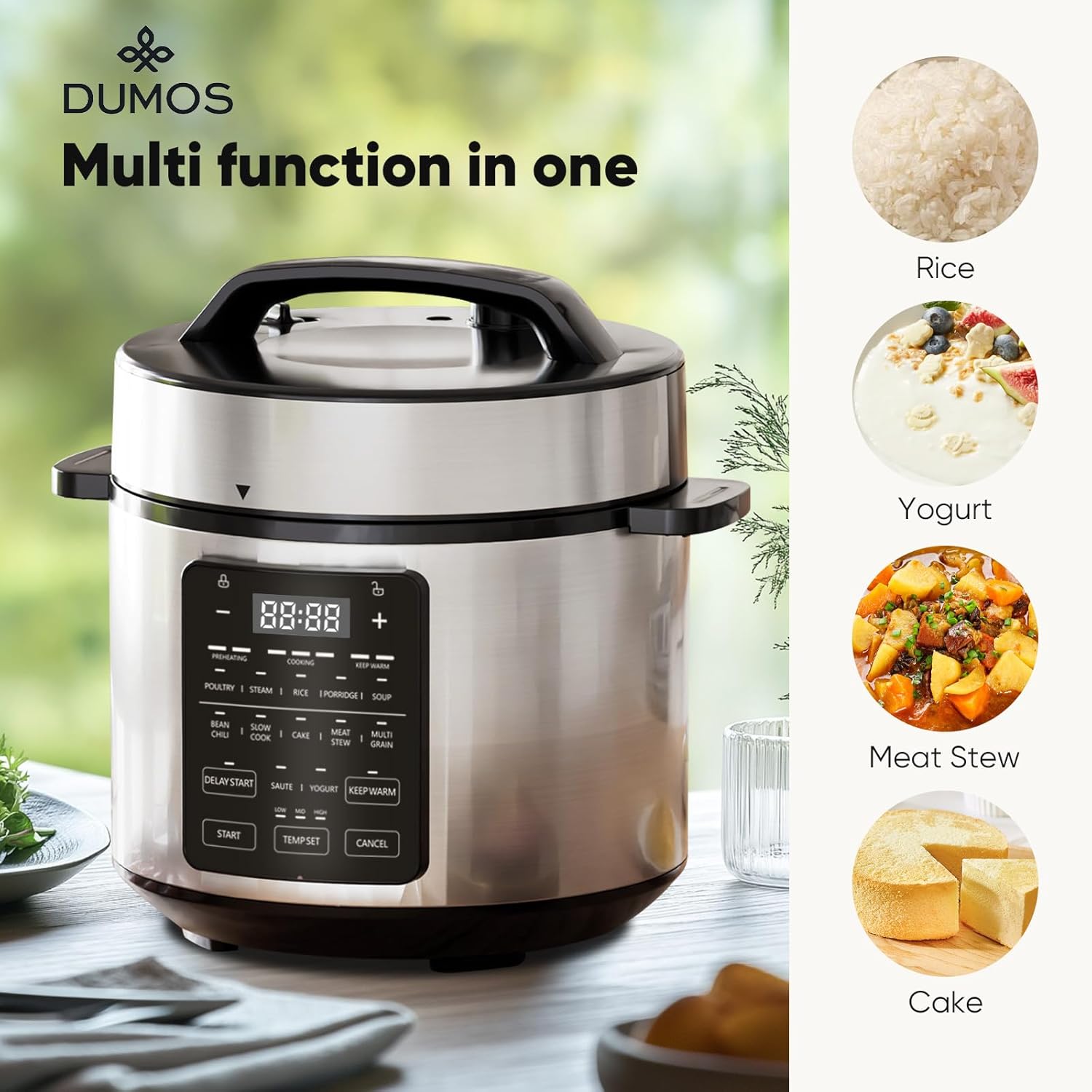 DUMOS 12-in-1 Electric Pressure Cooker 6 QT Stainless Steel Multi Cooker Electric for Pressure, Rice, Steamer, Yogurt Maker, Slow Cook,Meat Stew, Cake, Porridge, Multigrain, Sliver - Image 2