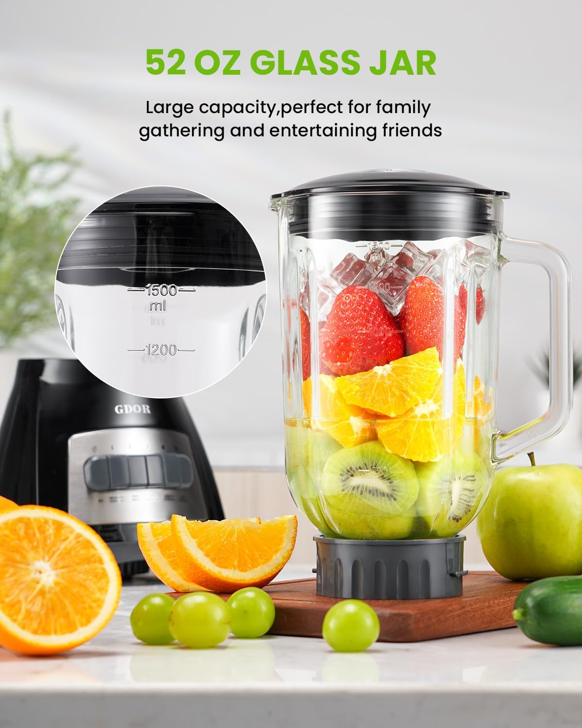 GDOR Blender, 52 Oz Glass Jar, Multi-Function Kitchen Blender & Grinder Combo, 9 Functions with Shakes, Puree, Crush Ice, and Chop, Max 700W, Self Cleaning - Image 3