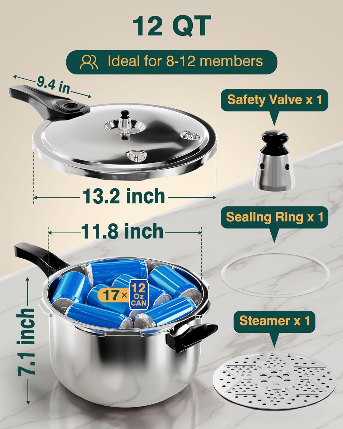 WantJoin Pressure Cooker, 12 Quart Stainless Steel Pressure Canner, Induction Compatible Cookware with Spring Valve Safeguard Devices,Compatible with Gas & Induction Cooker - Image 6