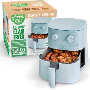 GreenLife 4.5QT Air Fryer, Mechanical Dial Controls, PFAS-Free Ceramic Nonstick Drawer, Adjustable Temp & Timer, LED Indicator, Oil-Less Cooking, Dishwasher Safe, Compact Family Size, Blue