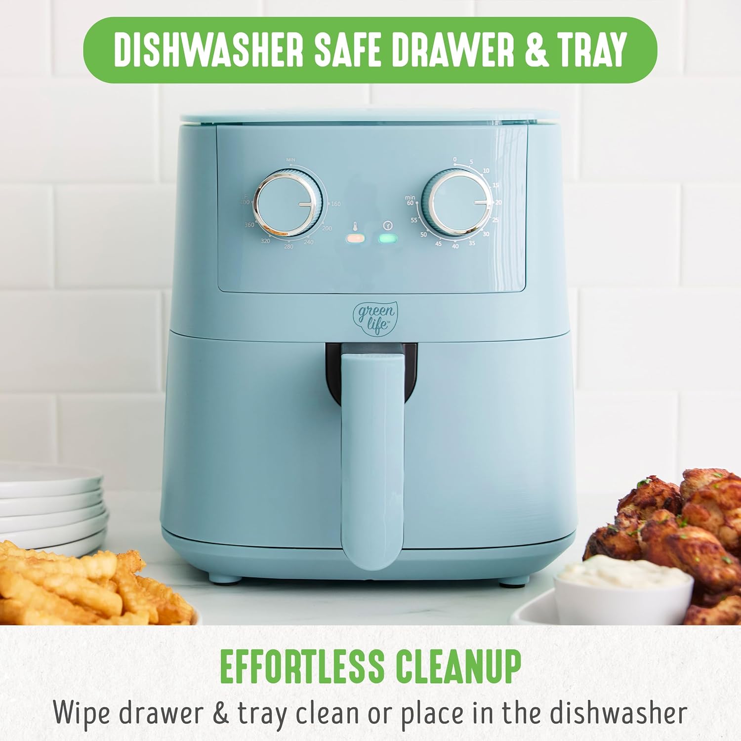 GreenLife 4.5QT Air Fryer, Mechanical Dial Controls, PFAS-Free Ceramic Nonstick Drawer, Adjustable Temp & Timer, LED Indicator, Oil-Less Cooking, Dishwasher Safe, Compact Family Size, Blue - Image 7