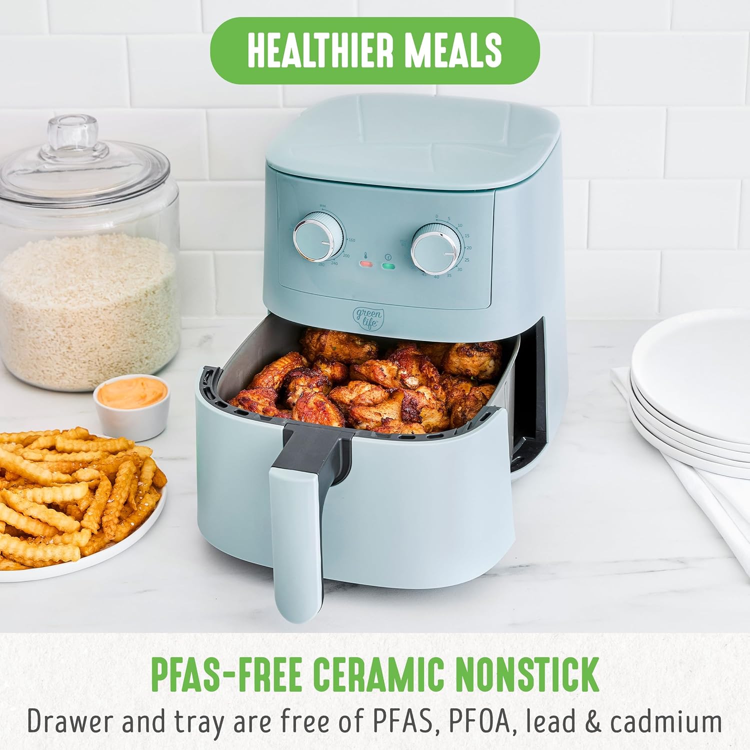 GreenLife 4.5QT Air Fryer, Mechanical Dial Controls, PFAS-Free Ceramic Nonstick Drawer, Adjustable Temp & Timer, LED Indicator, Oil-Less Cooking, Dishwasher Safe, Compact Family Size, Blue - Image 2