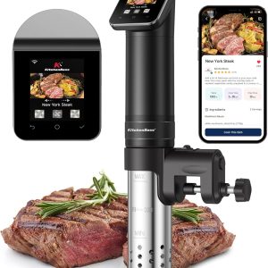 KitchenBoss WIFI Sous Vide Cooker: Ultra-Quiet Sous-vide Cooking Machine 1100 Watts Stainless Steel Immersion Circulator for Kitchen with TFT Preset Recipes, Black
