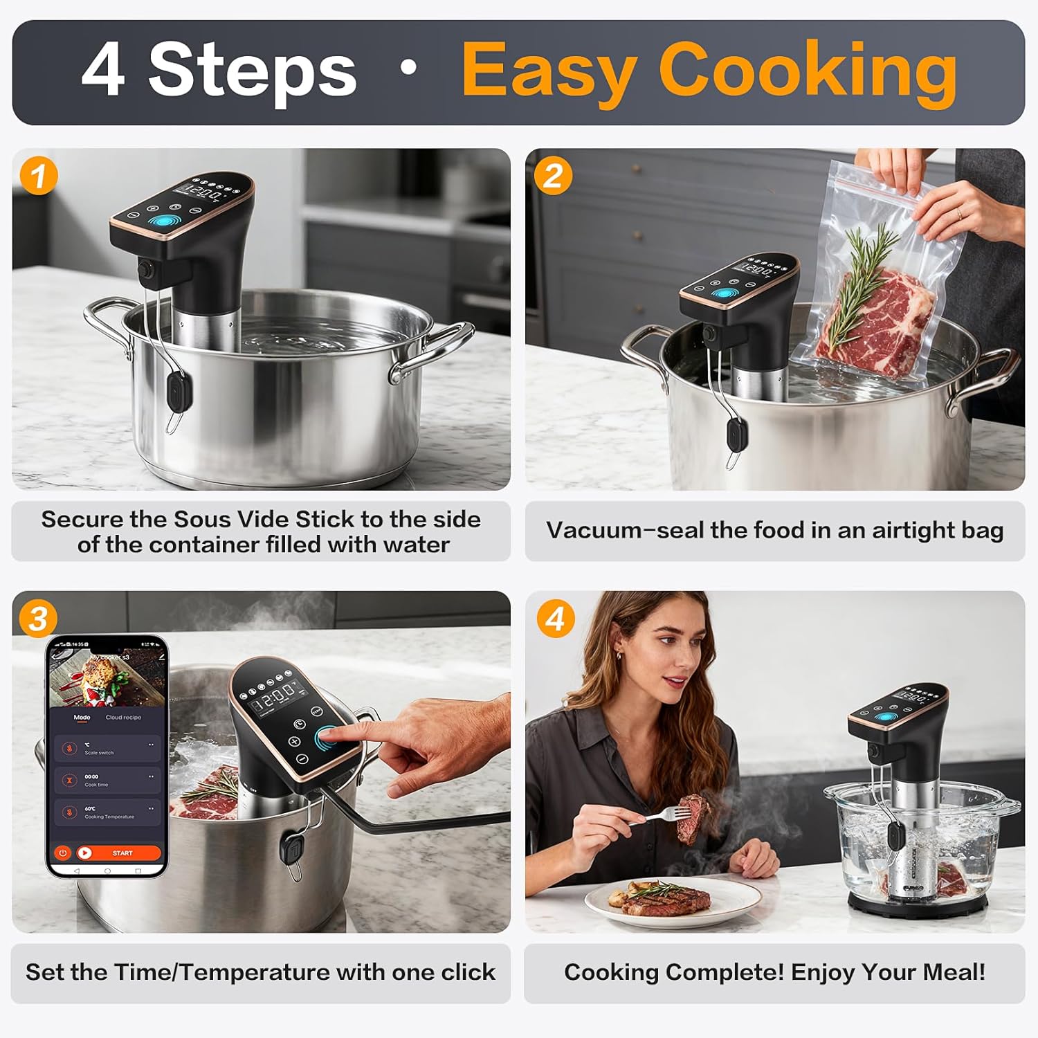 1300W Sous Vide Precision Cooker Machines(2.4G WIFI), IPX7 Full Waterproof Immersion Circulator, New Quiet Brushless Motor, 6 One-Touch Presets, Effortless Gourmet Meals - Image 4