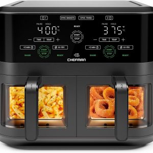 CHEFMAN 6 Quart Dual Basket Air Fryer Oven with Easy View Windows, Sync Finish, Hi-Fry, Auto Shutoff, 2 Independent 3Qt Nonstick Dishwasher Safe Frying Baskets, Digital Double Air Fryer - Black