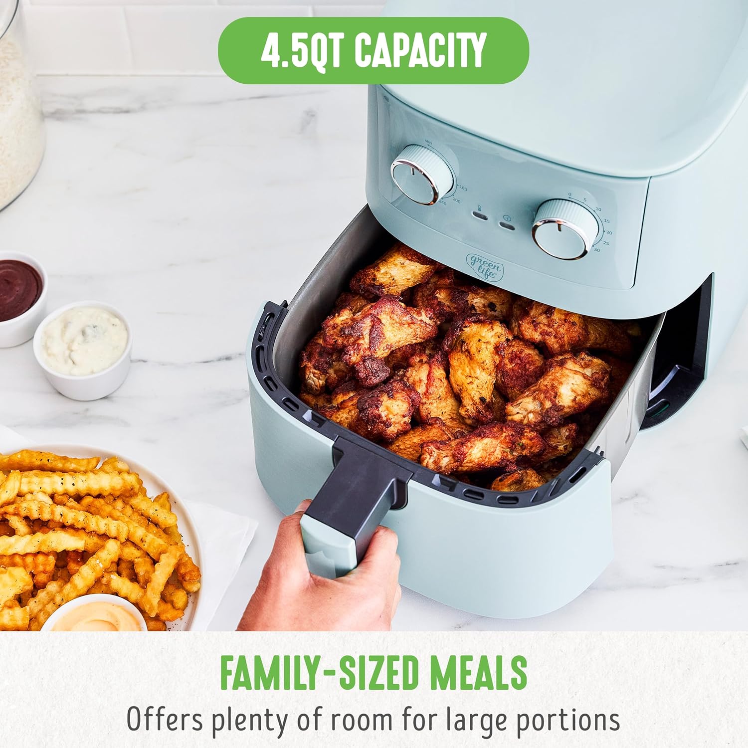 GreenLife 4.5QT Air Fryer, Mechanical Dial Controls, PFAS-Free Ceramic Nonstick Drawer, Adjustable Temp & Timer, LED Indicator, Oil-Less Cooking, Dishwasher Safe, Compact Family Size, Blue - Image 4