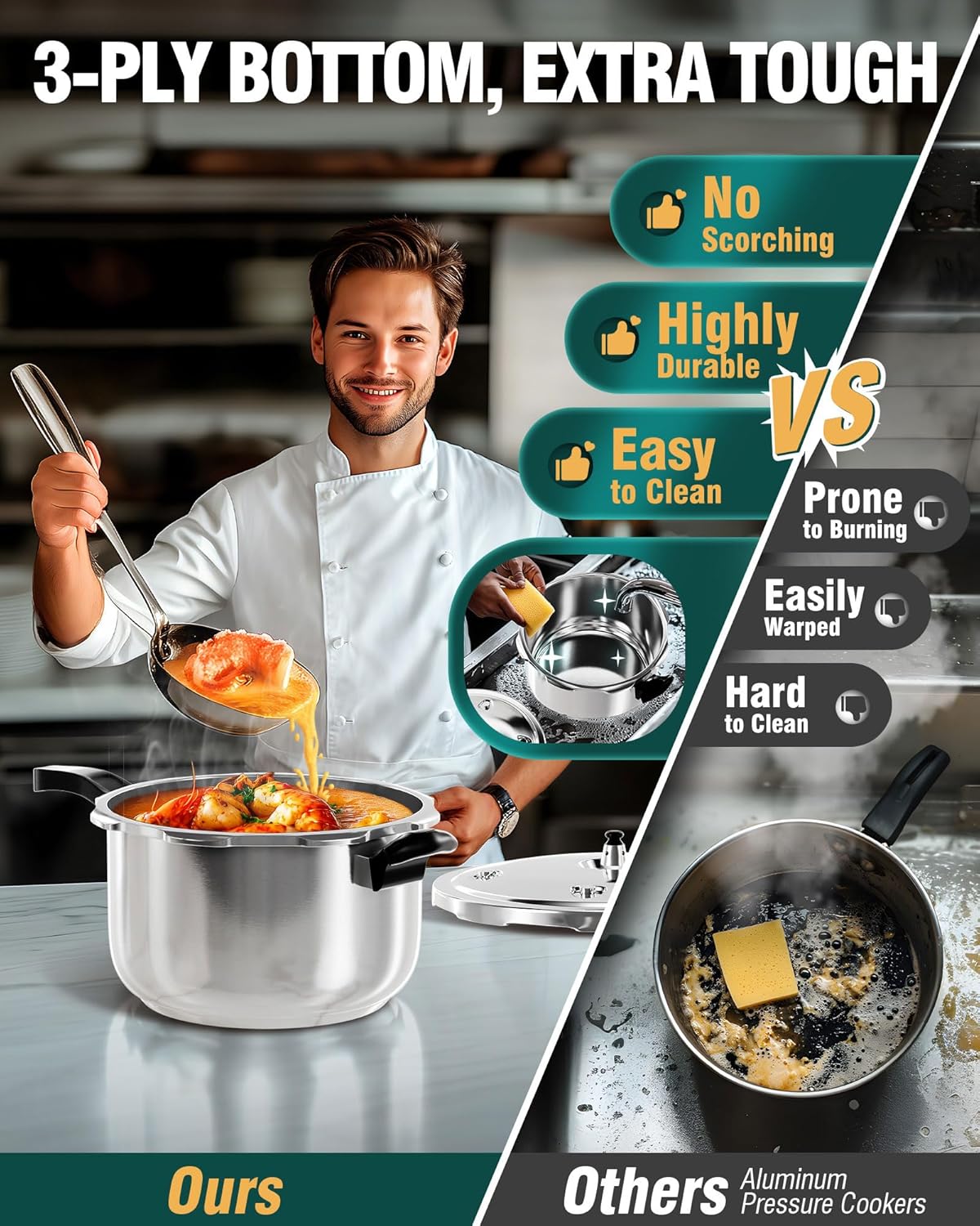 WantJoin Pressure Cooker, 12 Quart Stainless Steel Pressure Canner, Induction Compatible Cookware with Spring Valve Safeguard Devices,Compatible with Gas & Induction Cooker - Image 3